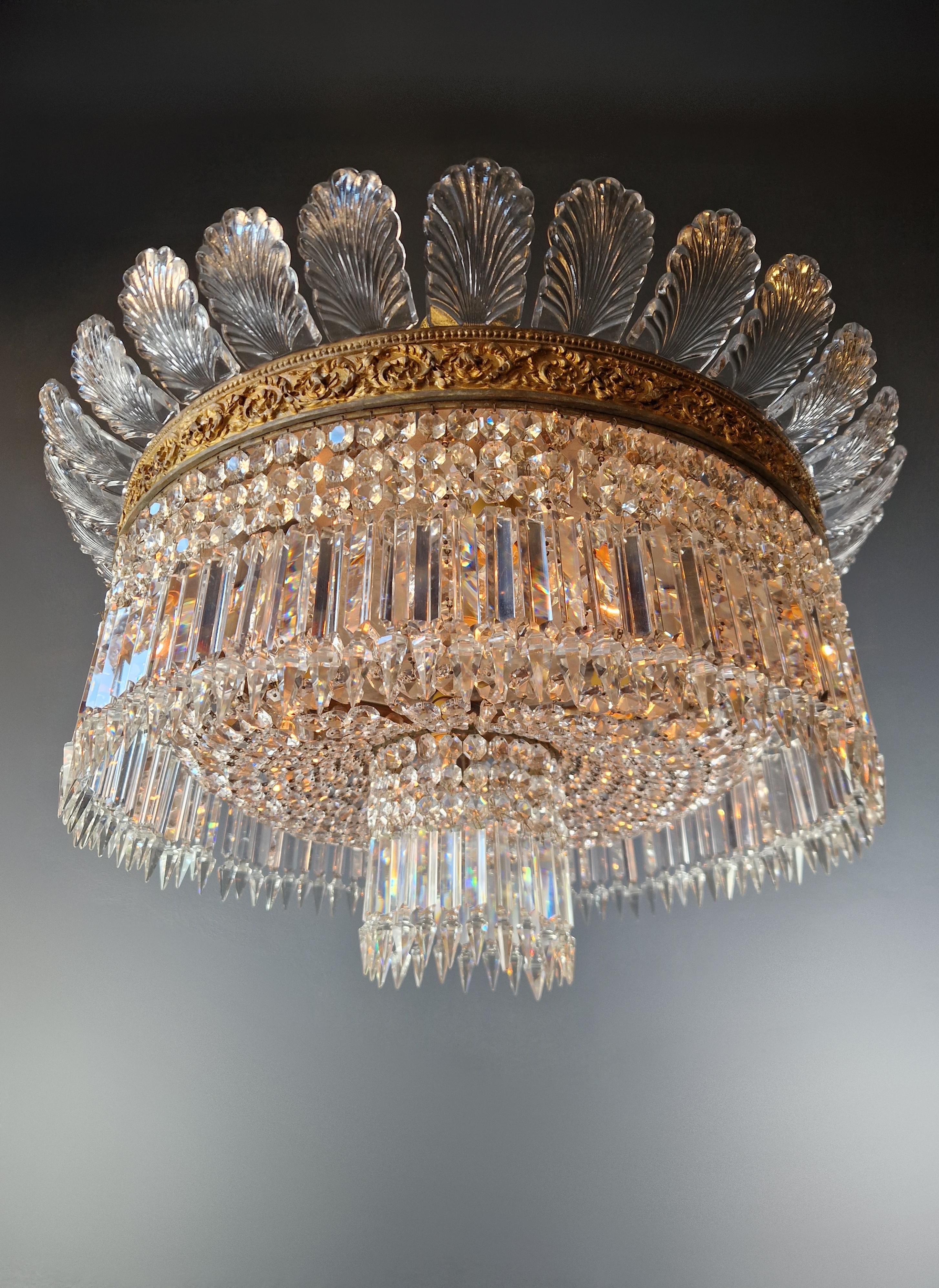 Plafonnier Crystal Chandelier Brass Lustre Ceiling Antique Art Nouveau Big leaf For Sale 1