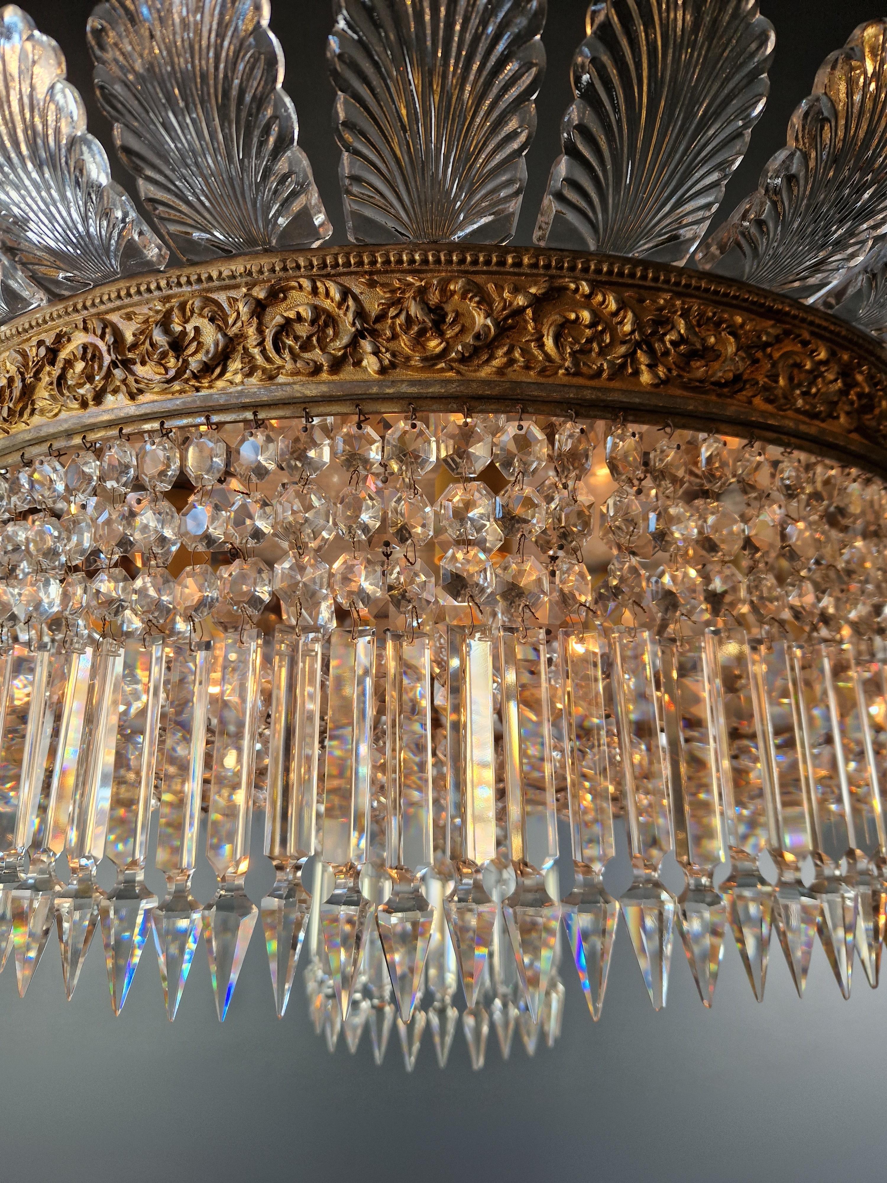 Plafonnier Crystal Chandelier Brass Lustre Ceiling Antique Art Nouveau Big leaf For Sale 2