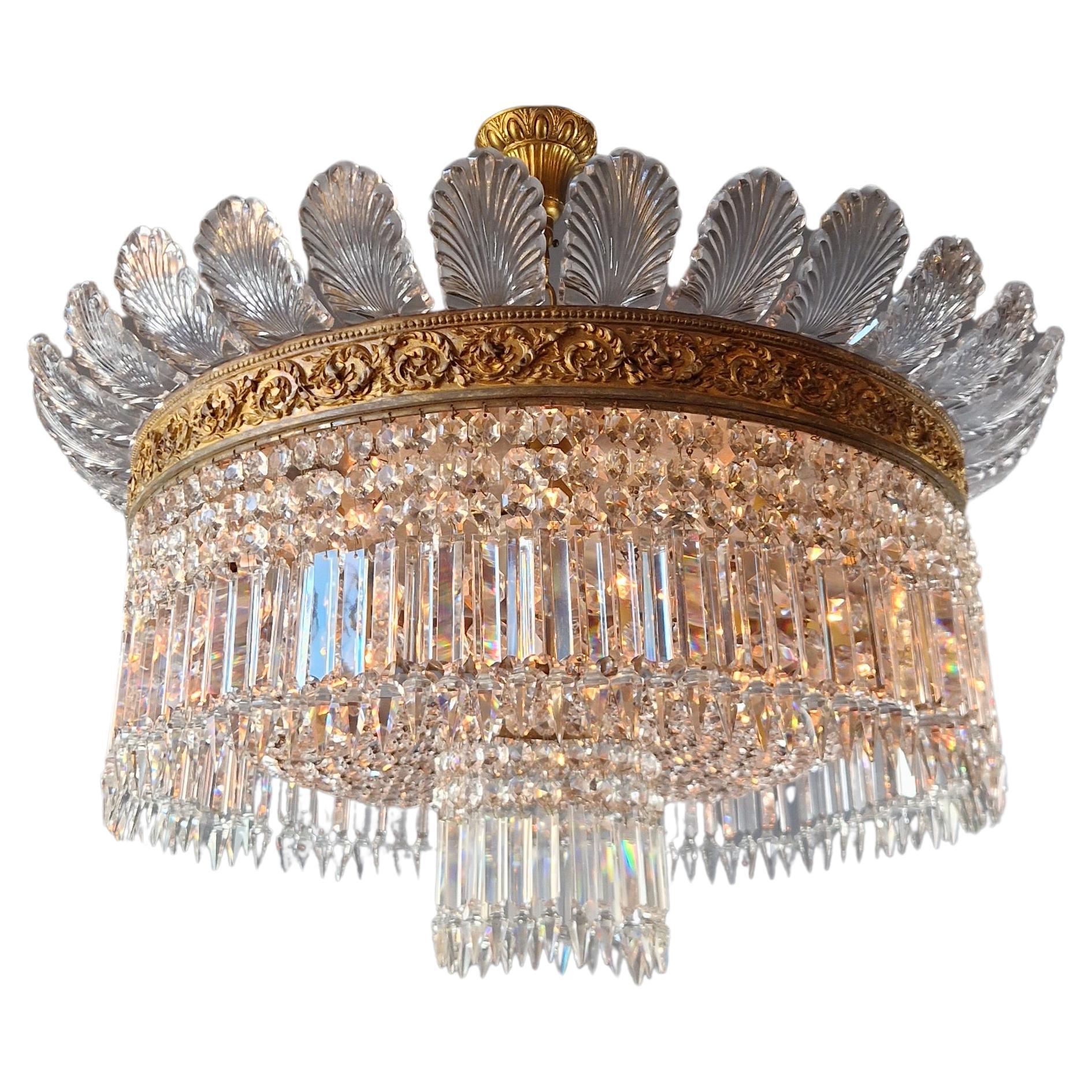 Plafonnier Crystal Chandelier Brass Lustre Ceiling Antique Art Nouveau Big leaf For Sale