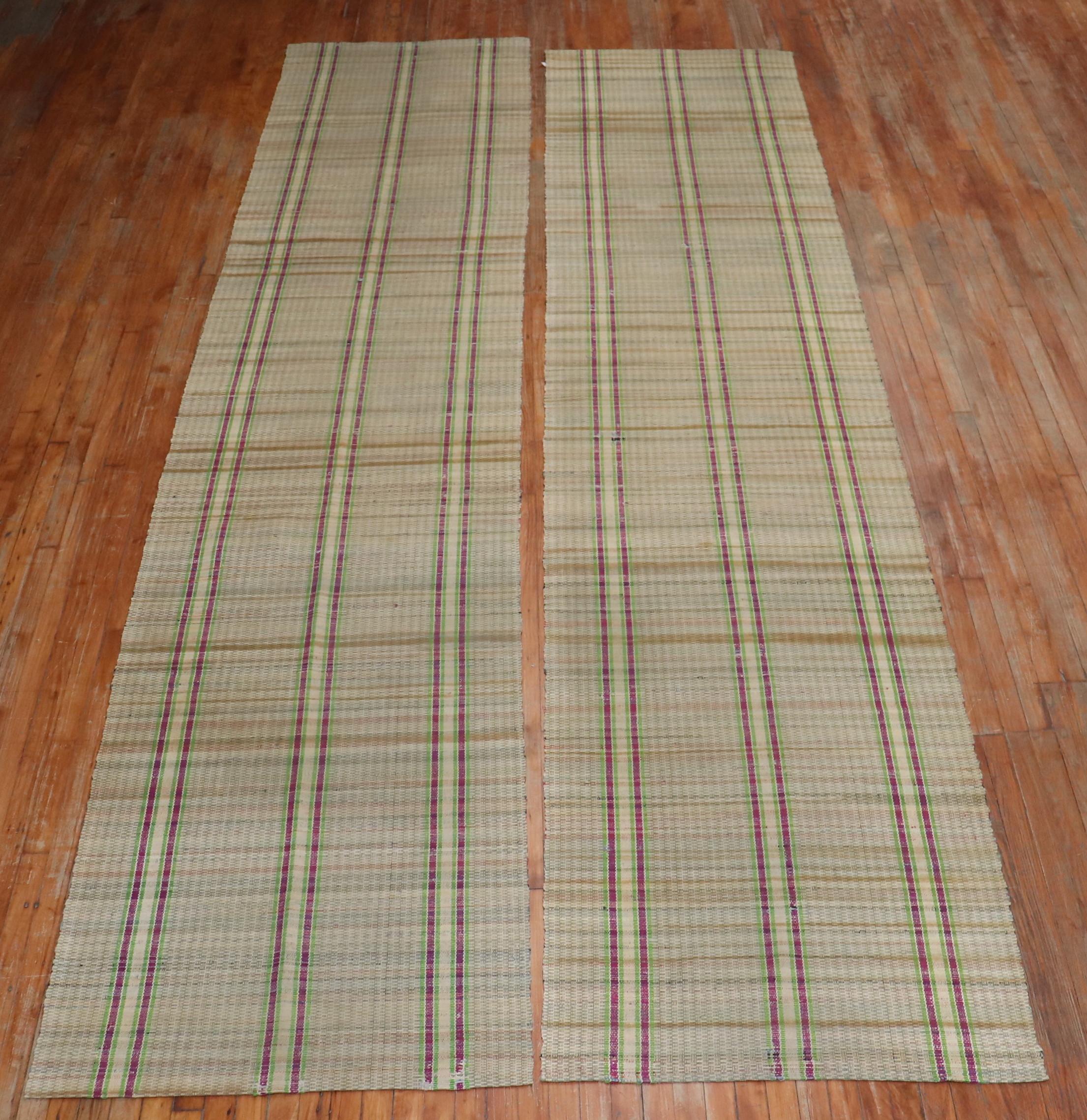 A rare matching set of rag rug runners containing a plaid motif on a straw colored ground from the mid-20th century

Measuring: 3'2