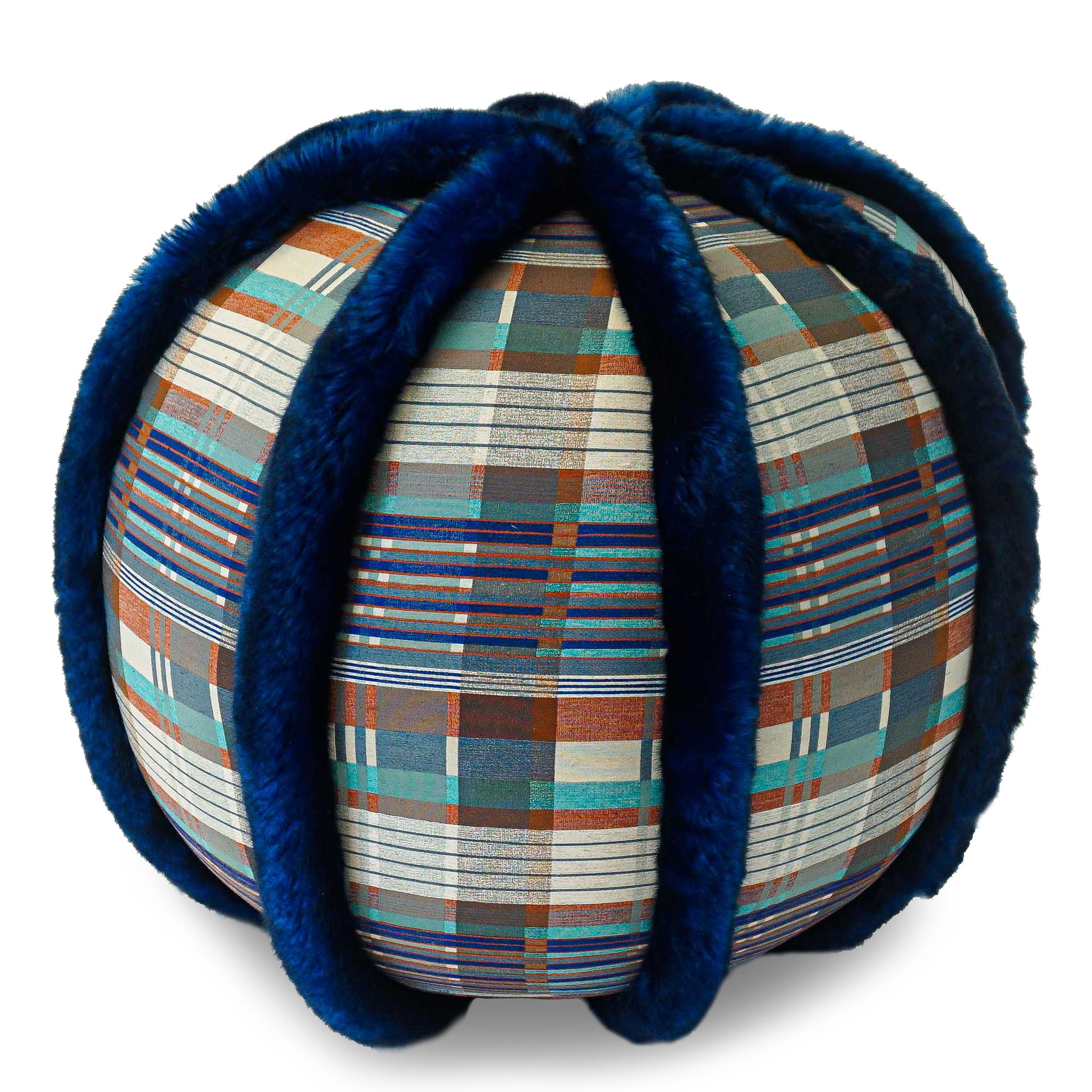 Dare we say, Prep-Nouveau? Rad Plaid handmade pouf/ottoman covered in vibrant blue Faux Fur & patterned Funky Plaid Fabric. Light-weight enough to move around as occasional seating without scratching floor, but substantial and firm enough to support