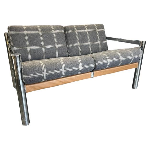 Plaid Chrome Sofa with Leather Sling