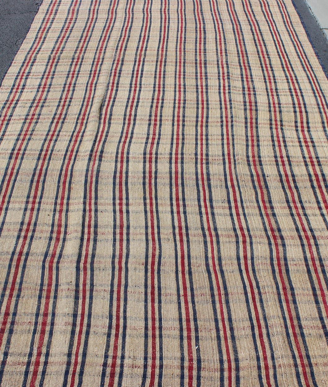 Plaid Design Vintage Turkish Kilim Rug with Stripes in Red, Navy Blue and Cream For Sale 2