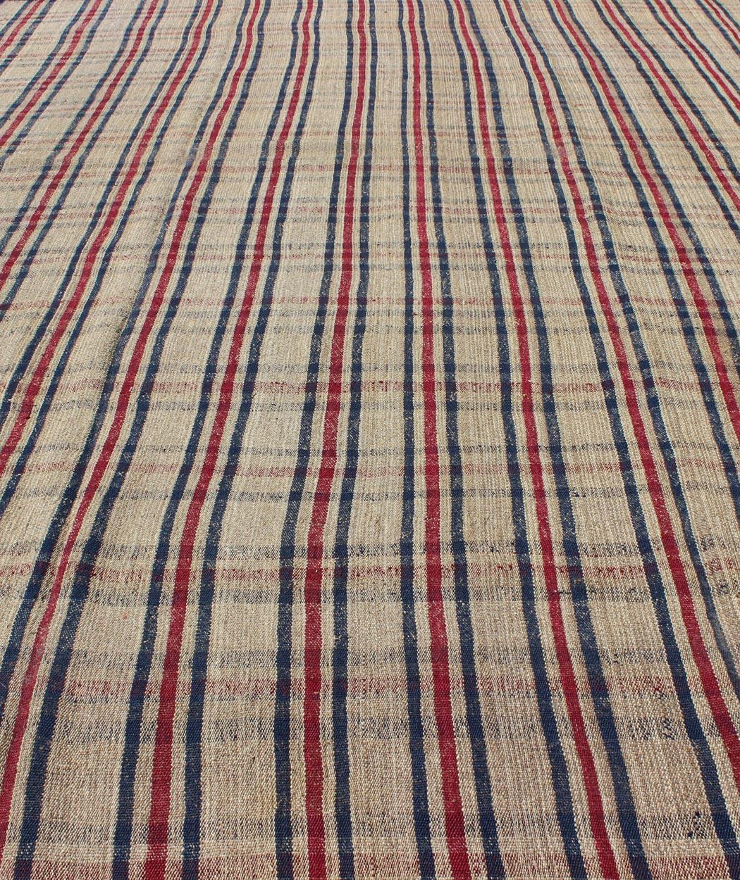Plaid Design Vintage Turkish Kilim Rug with Stripes in Red, Navy Blue and Cream For Sale 3