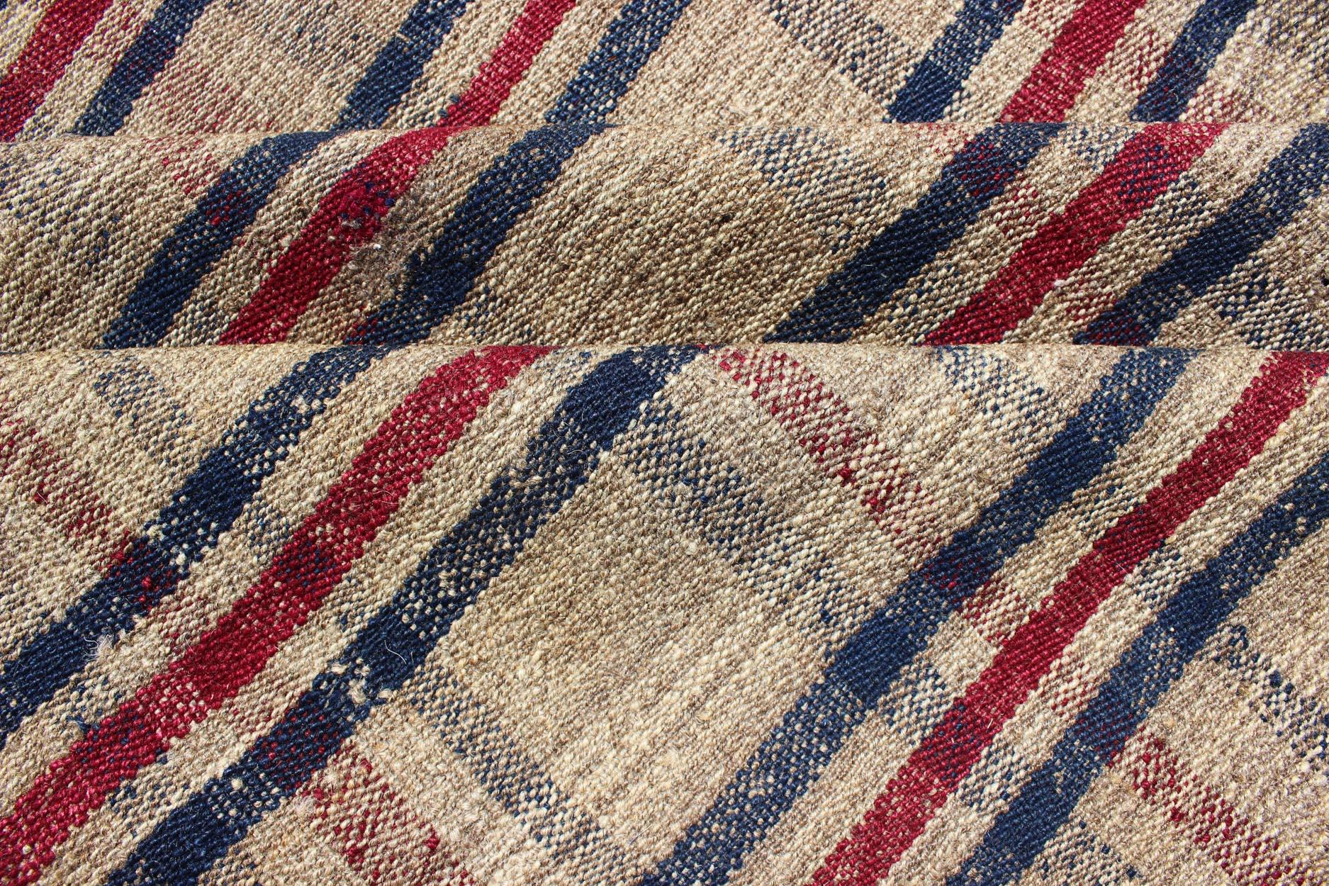 Hand-Woven Plaid Design Vintage Turkish Kilim Rug with Stripes in Red, Navy Blue and Cream For Sale