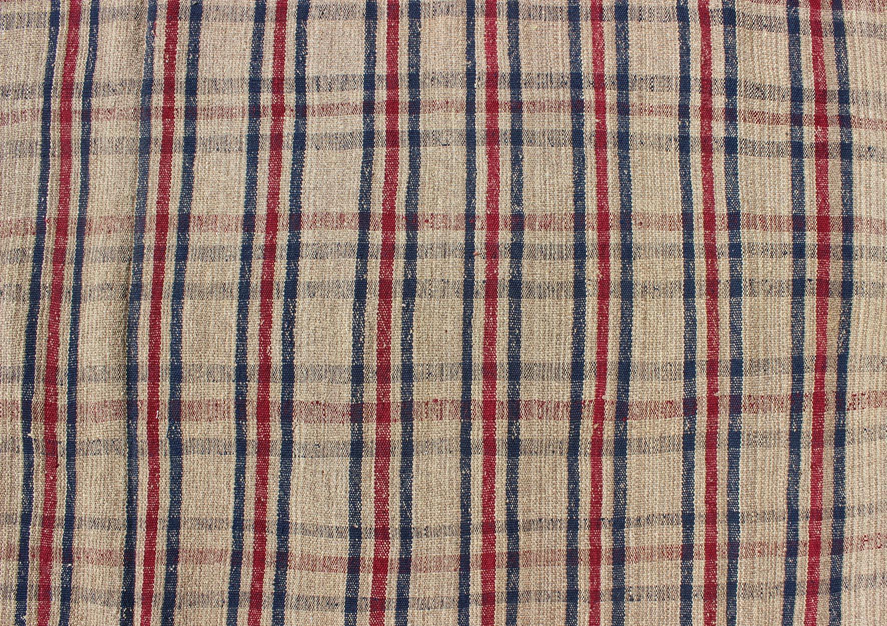 Plaid Design Vintage Turkish Kilim Rug with Stripes in Red, Navy Blue and Cream In Excellent Condition For Sale In Atlanta, GA