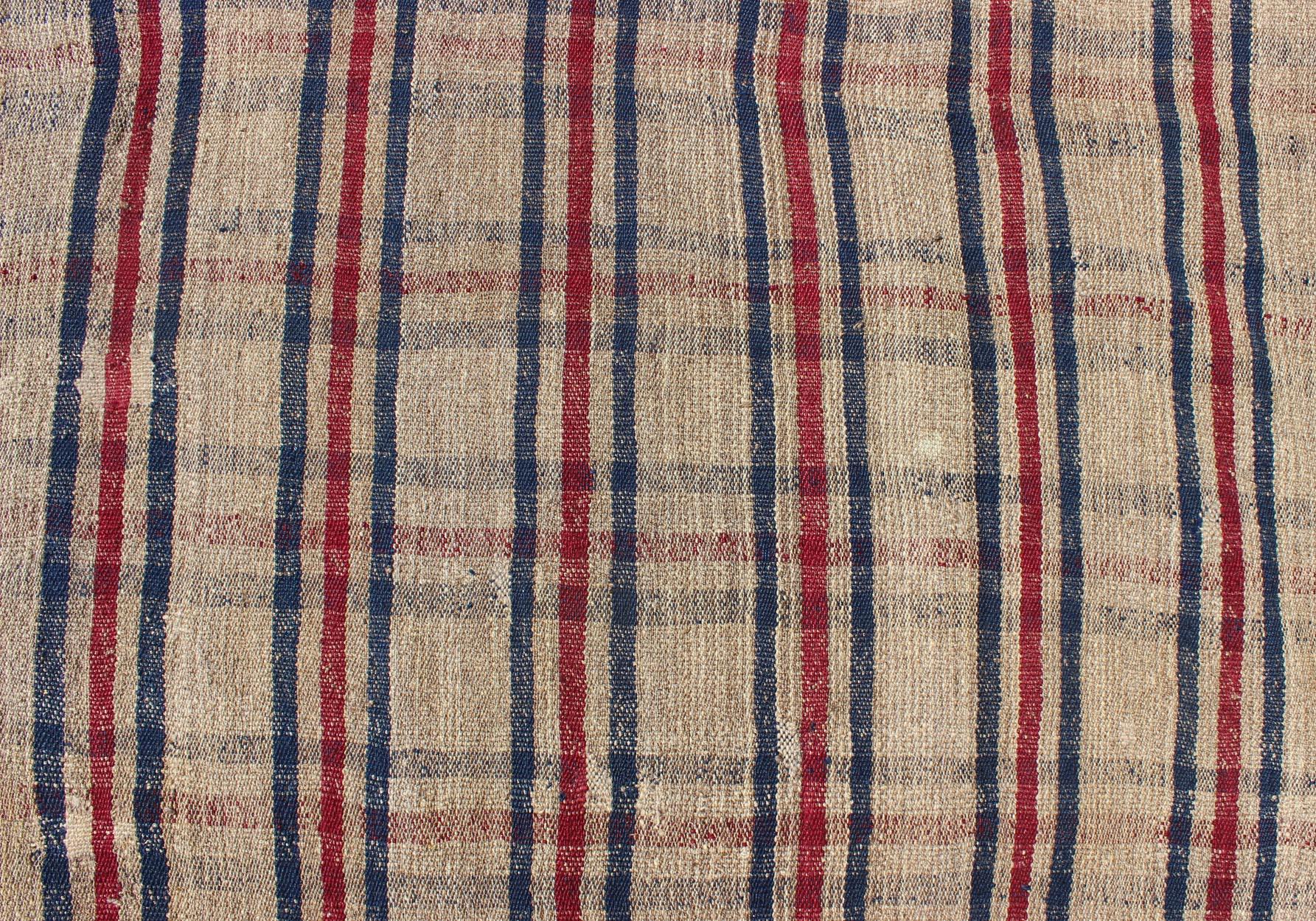20th Century Plaid Design Vintage Turkish Kilim Rug with Stripes in Red, Navy Blue and Cream For Sale