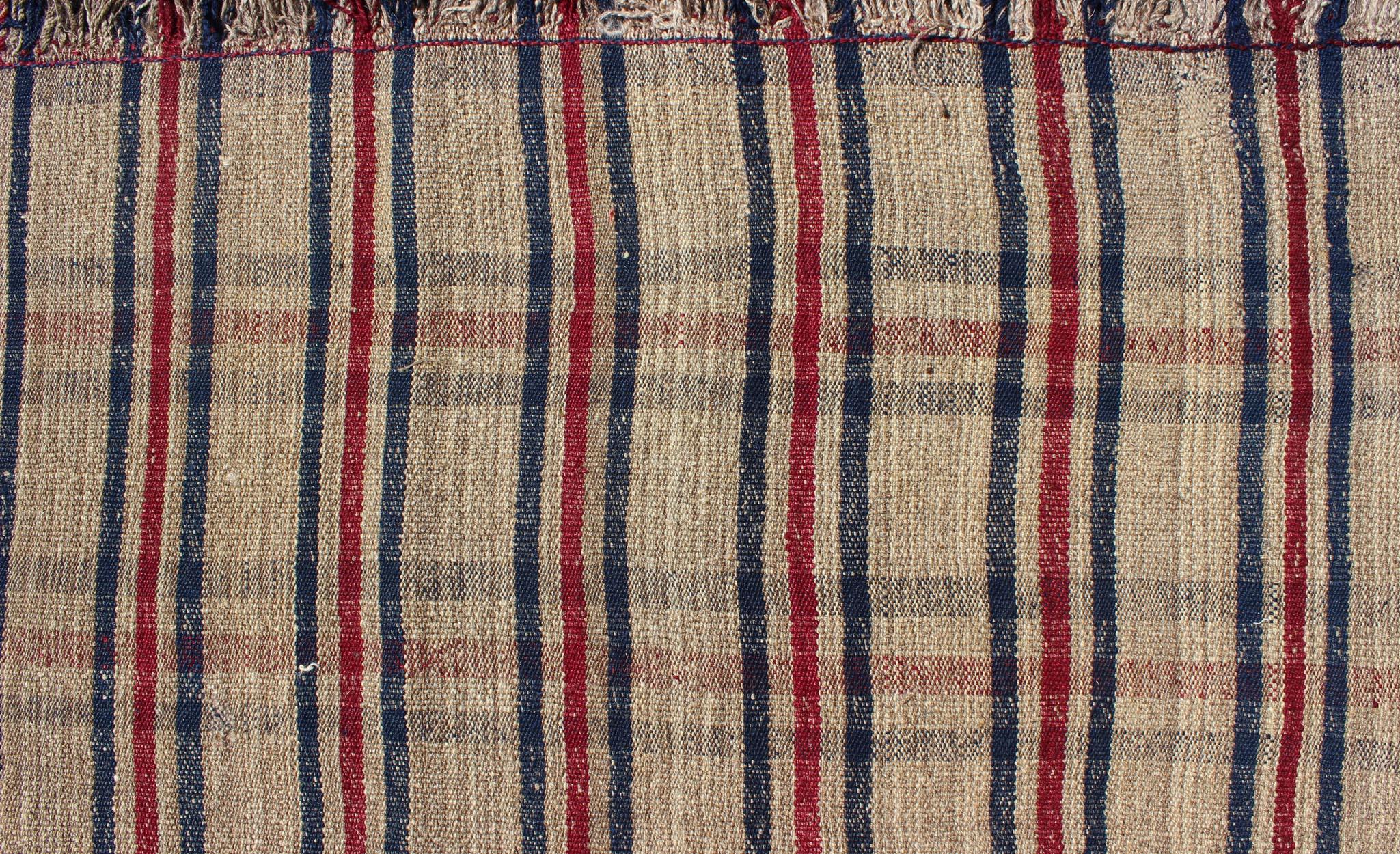 Wool Plaid Design Vintage Turkish Kilim Rug with Stripes in Red, Navy Blue and Cream For Sale