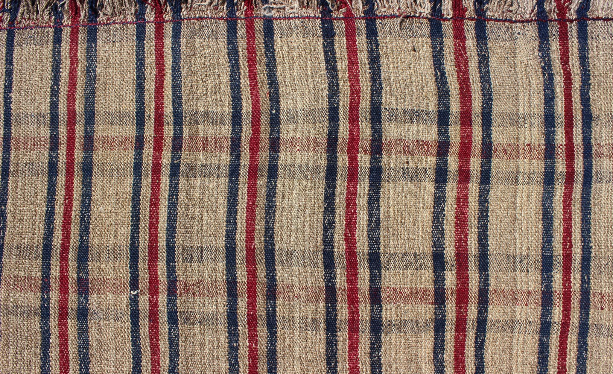 Wool Plaid Design Vintage Turkish Kilim Rug with Stripes in Red, Navy Blue and Cream For Sale