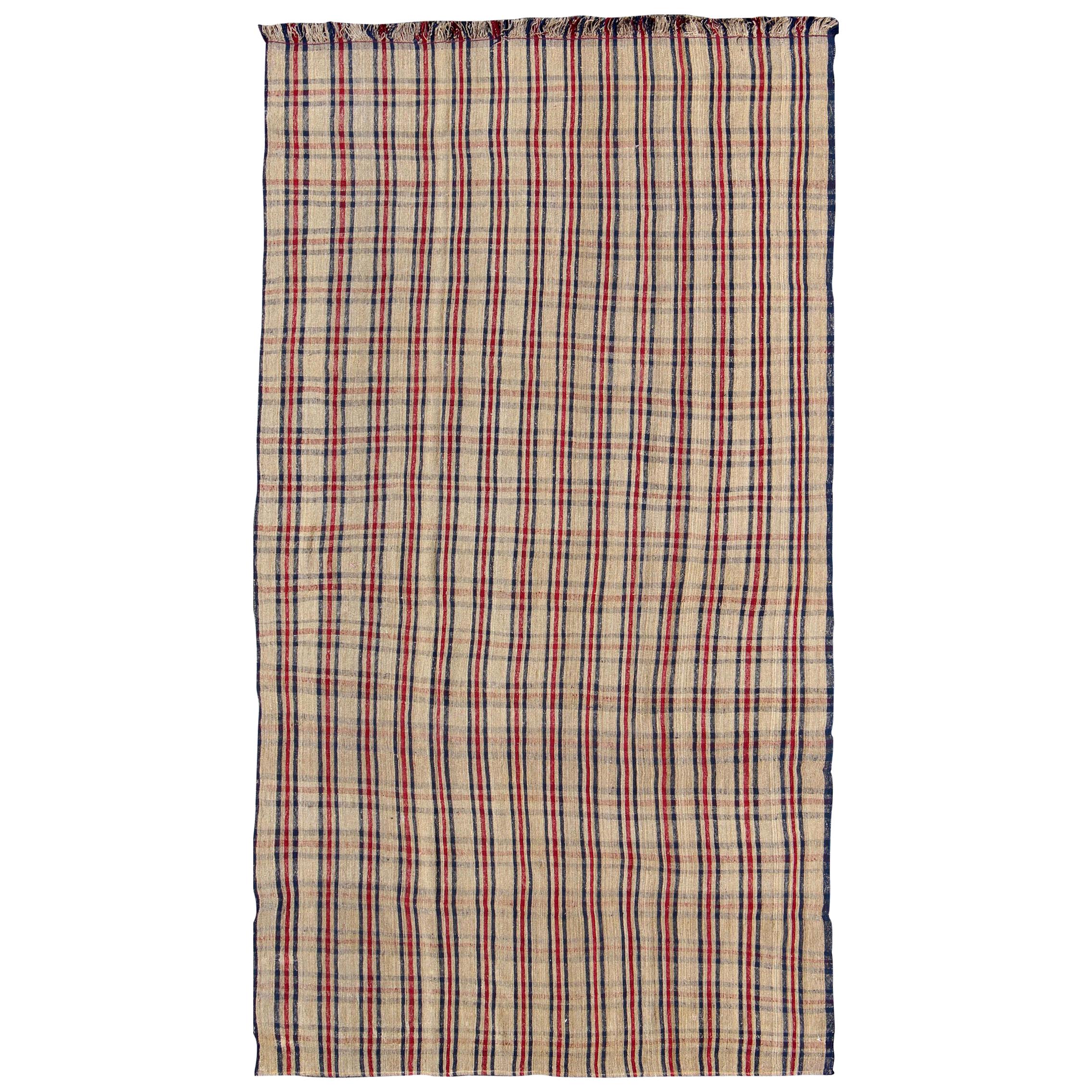 Plaid Design Vintage Turkish Kilim Rug with Stripes in Red, Navy Blue and Cream For Sale