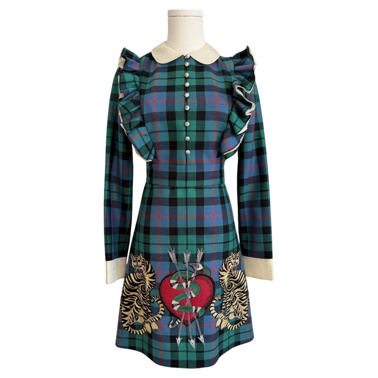 green dress with tigers Gucci 2017 Women's Wool Plaid Tiger Snake Heart Embroidery For Sale at 1stDibs Sequin & Bling