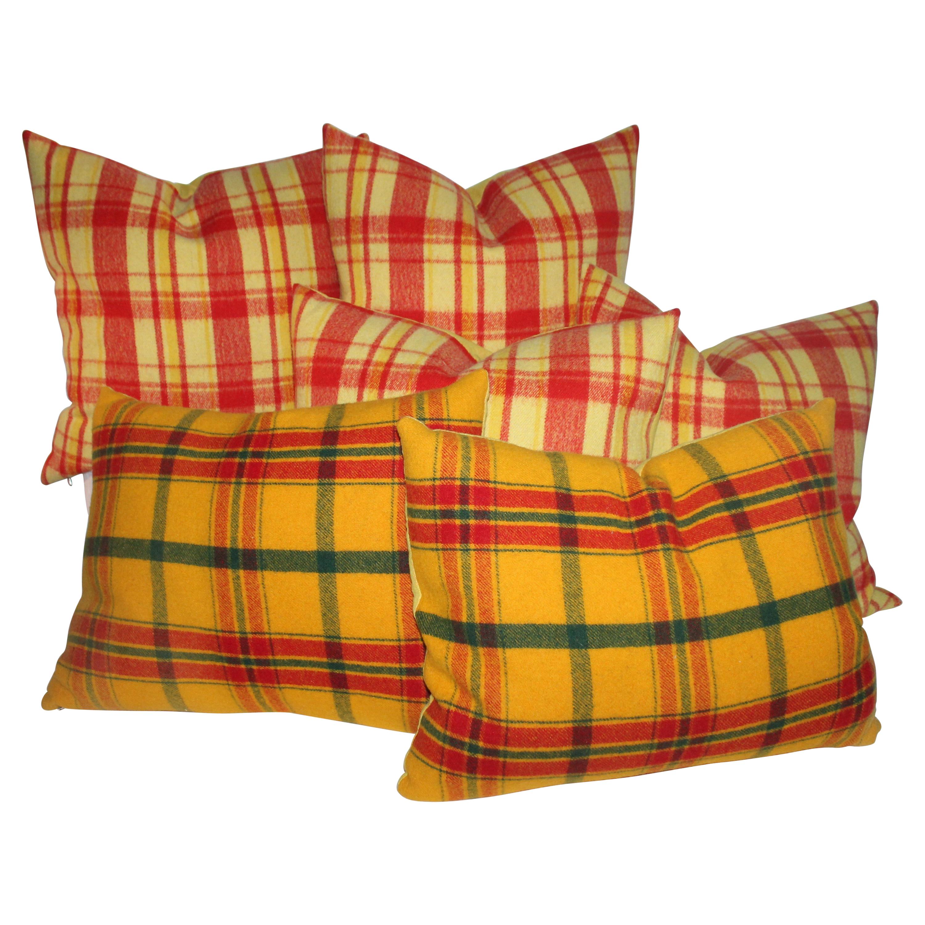 Plaid Wool Blanket Pillows, Pair For Sale