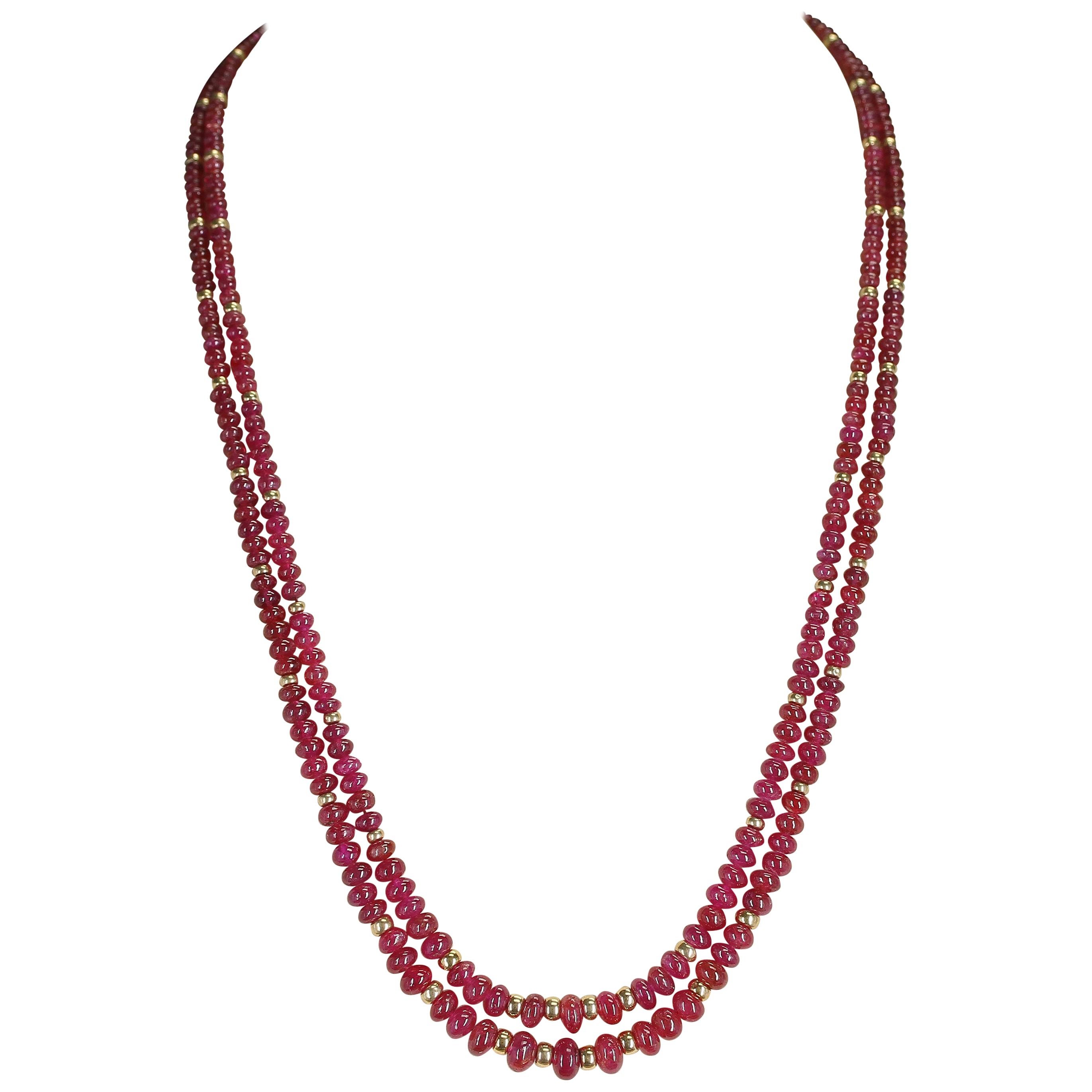 Plain and Smooth Ruby Beads with 14 Karat Gold Beads For Sale