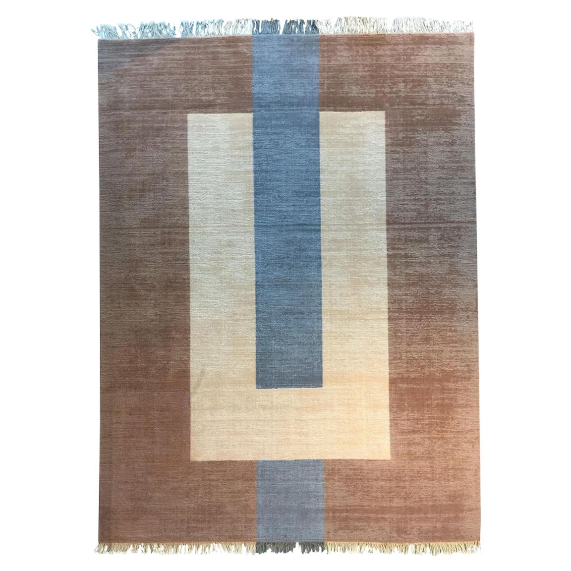 Rug Plain Brown - Geometric Carpet Beige Cream Grey Flat Weave Wool  handmade