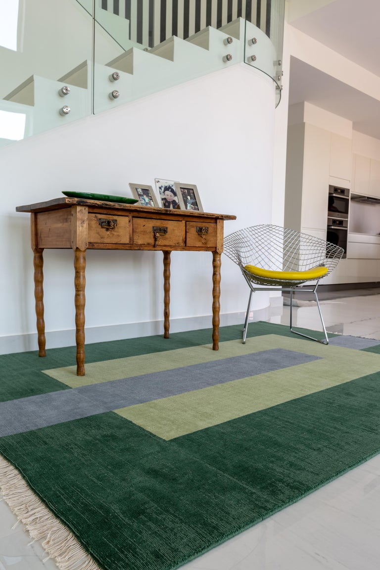 Rug Plain Green Geometric Green Beige Grey Flat Weave Wool by Carpets