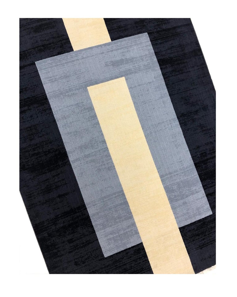 Rug Grey Wool Modern Geometric Black Cream Large Carpet Handmade line