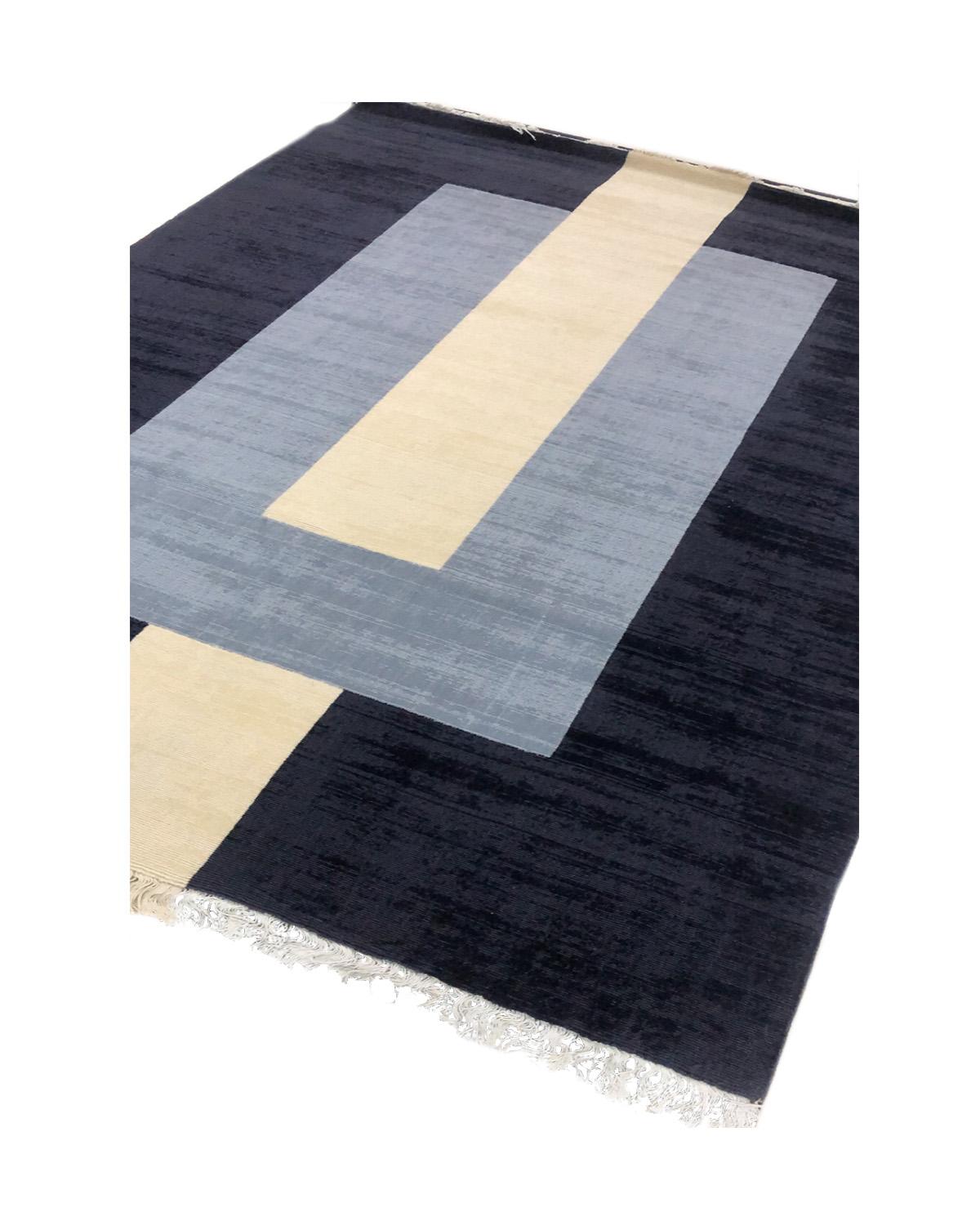Indian Rug Grey Wool Modern Geometric Black Cream Large Carpet Handmade line with pile For Sale