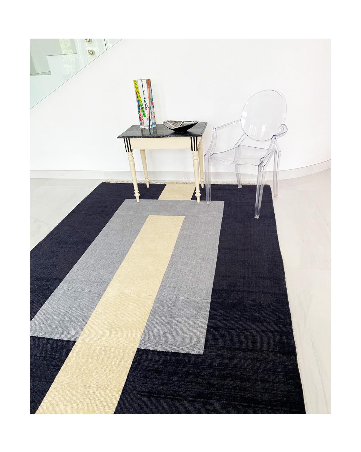 Hand-Crafted Rug Grey Wool Modern Geometric Black Cream Large Carpet Handmade line with pile For Sale