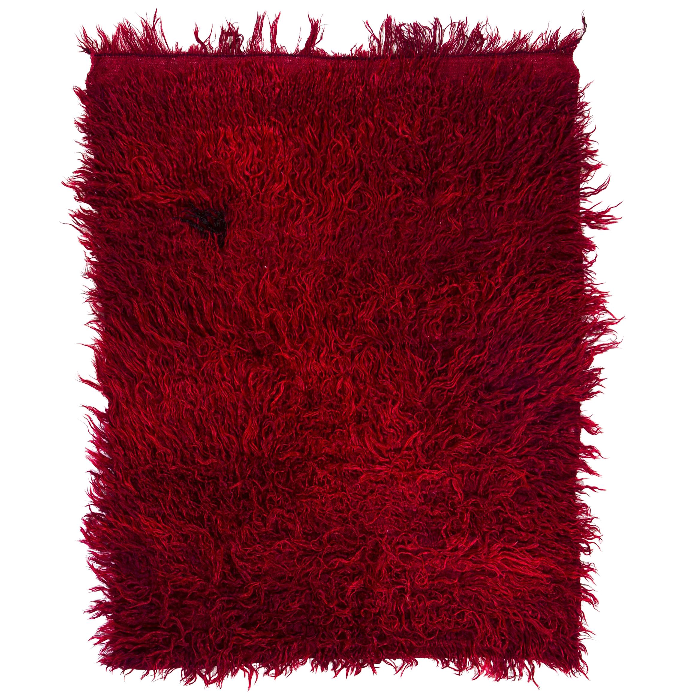 3.7x4.6 Ft Plain Red Mohair "Tulu" Rug, Shag Pile Flokati Style Floor Covering