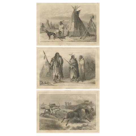 Plains Indigenous Life and Buffalo Hunt – Set of 19th Century Canadian Engraving