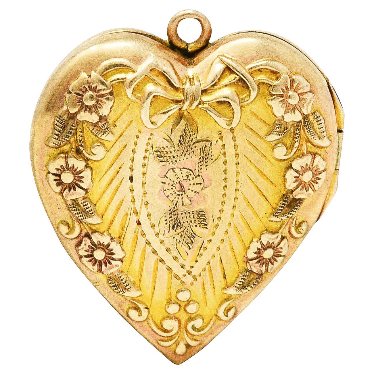 Plainville Stock Co. Art Deco 10 Karat Gold Floral Bow Heart Locket Pendant
