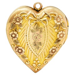 Vintage Plainville Stock Co. Art Deco 10 Karat Gold Floral Bow Heart Locket Pendant