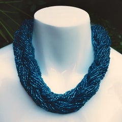 Plaited Multi Strand Blue Glass Bead Statement Necklace