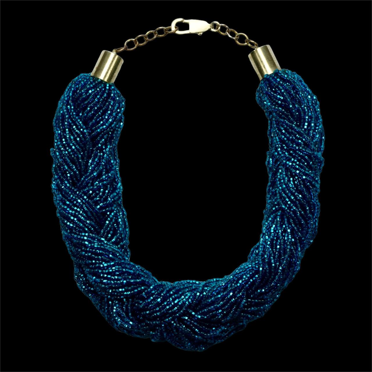Collana di perle di vetro blu a più fili intrecciati in vendita 2