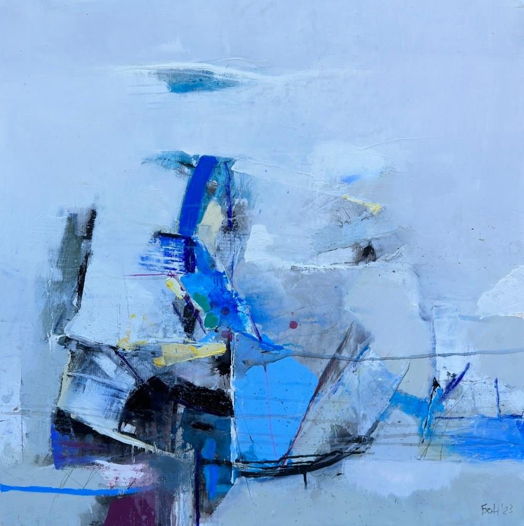 Plamen Bonev Abstract Painting – Tiefblau –  Große abstrakte Ölgemälde Blau Schwarz Weiß Grau Gelb