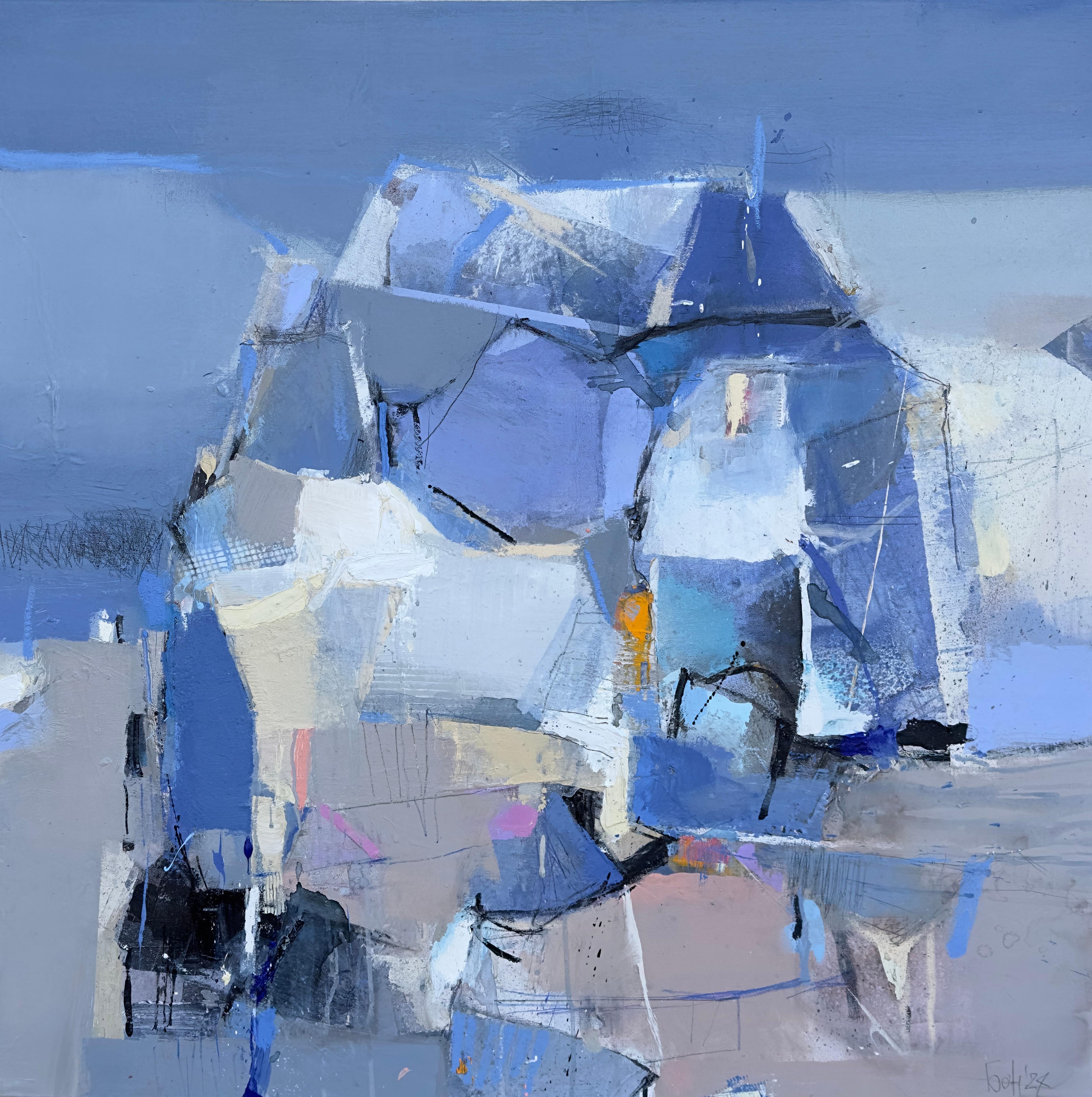 Abstract Painting de Plamen Bonev - Paisaje -  Pintura al Óleo Abstracta Azul Negro Blanco Gris Amarillo