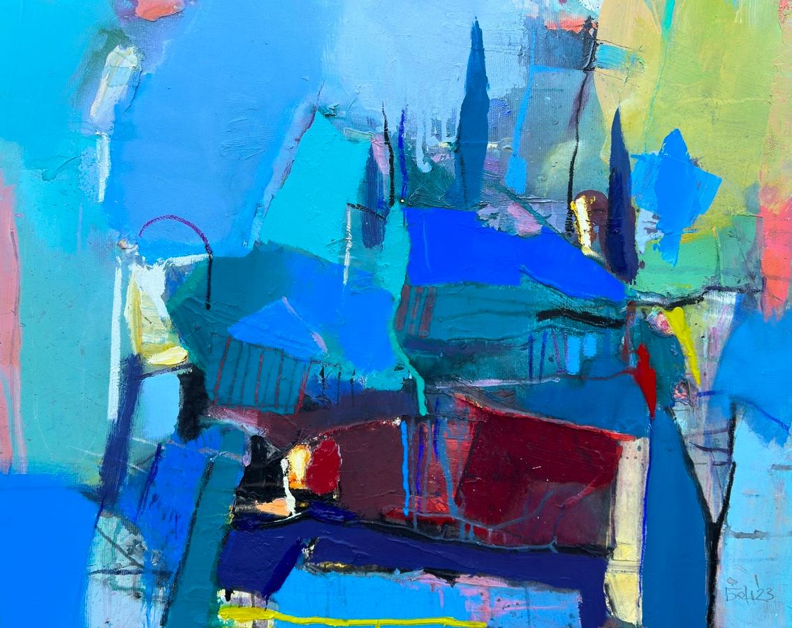 Plamen Bonev Abstract Painting -  Navy Blue - Abstract Oil Painting Yellow Blue Green Black Red White Brown Pink