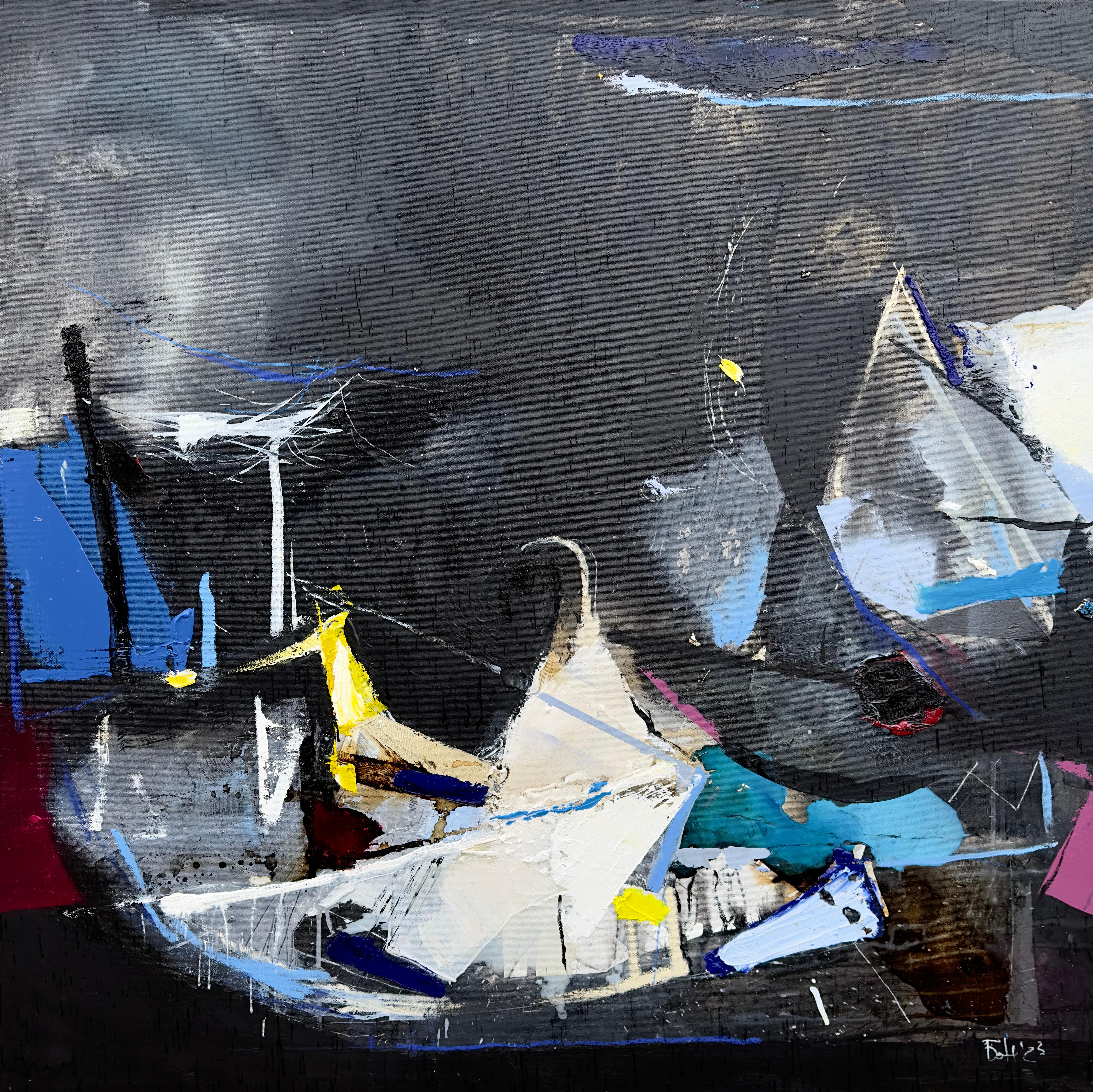 Plamen Bonev Abstract Painting – Nacht Sturm -  Große abstrakte Ölgemälde Grau Blau Gelb Schwarz Weiß