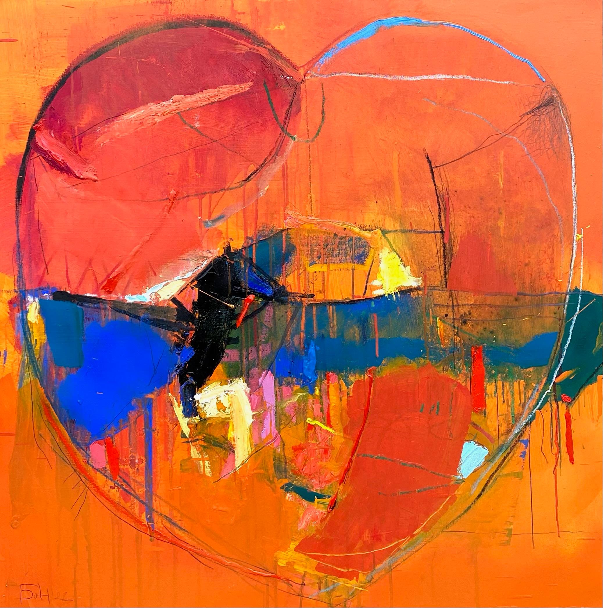 Plamen Bonev Abstract Painting - Saint Valentine Day - Abstract Oil Painting Colors Blue Orange Red Green Pink 