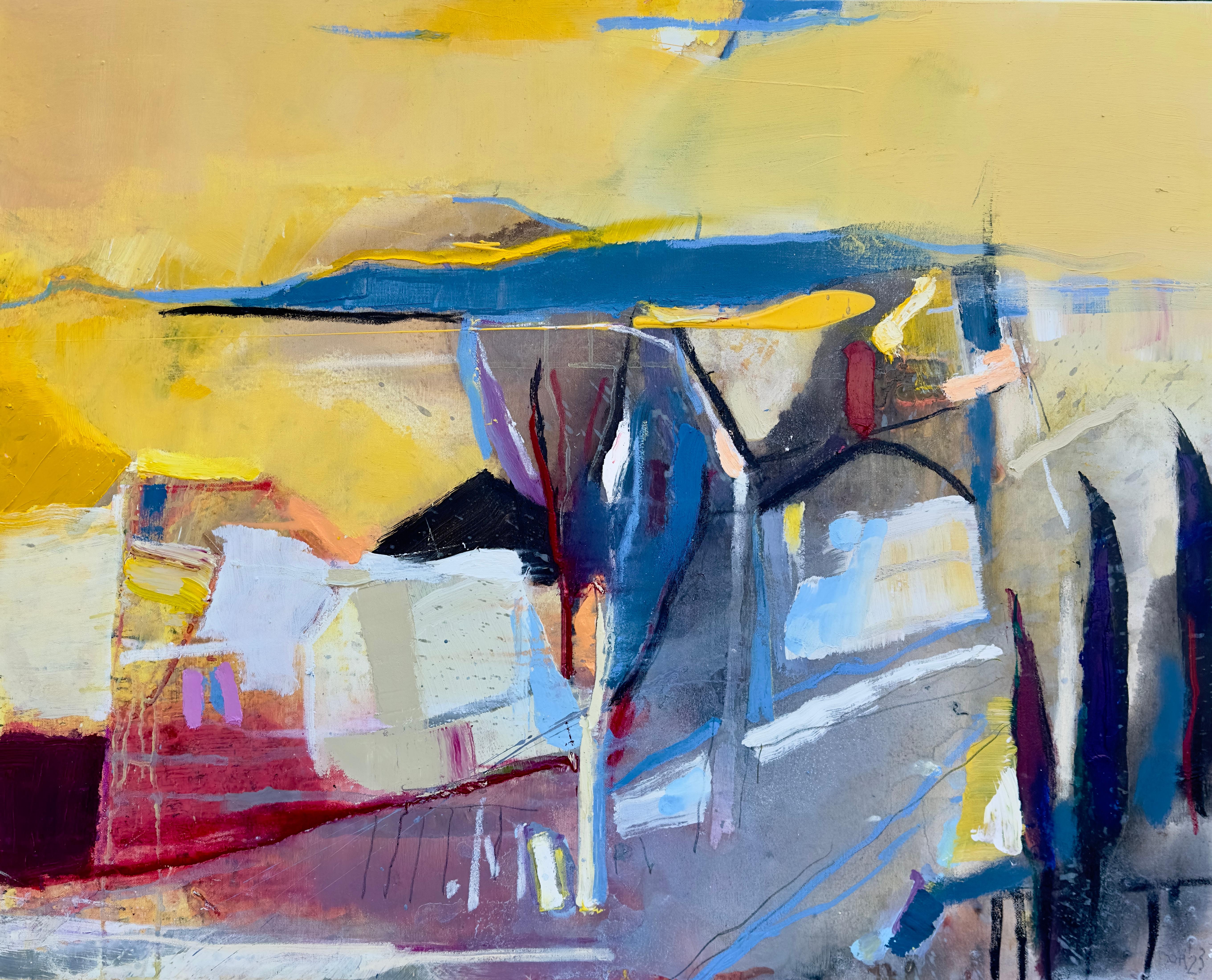 Plamen Bonev Abstract Painting – South - Abstraktes Ölgemälde Gelb Rot Blau Schwarz Weiß Braun