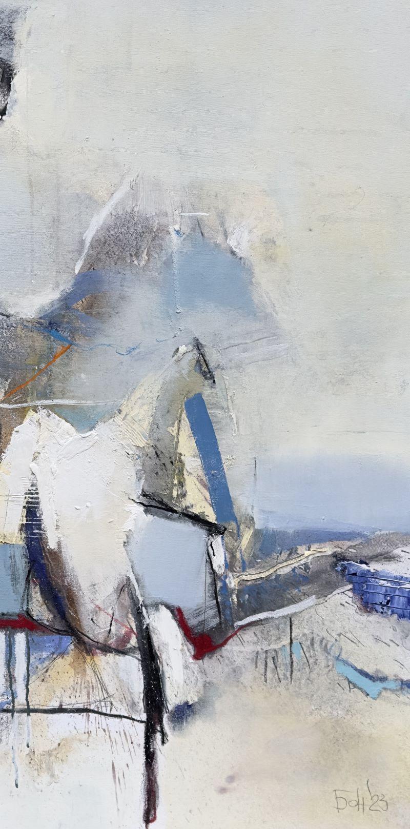 La fattoria -  Grande pittura a olio astratta Blu Nero Bianco Grigio Giallo - Painting di Plamen Bonev