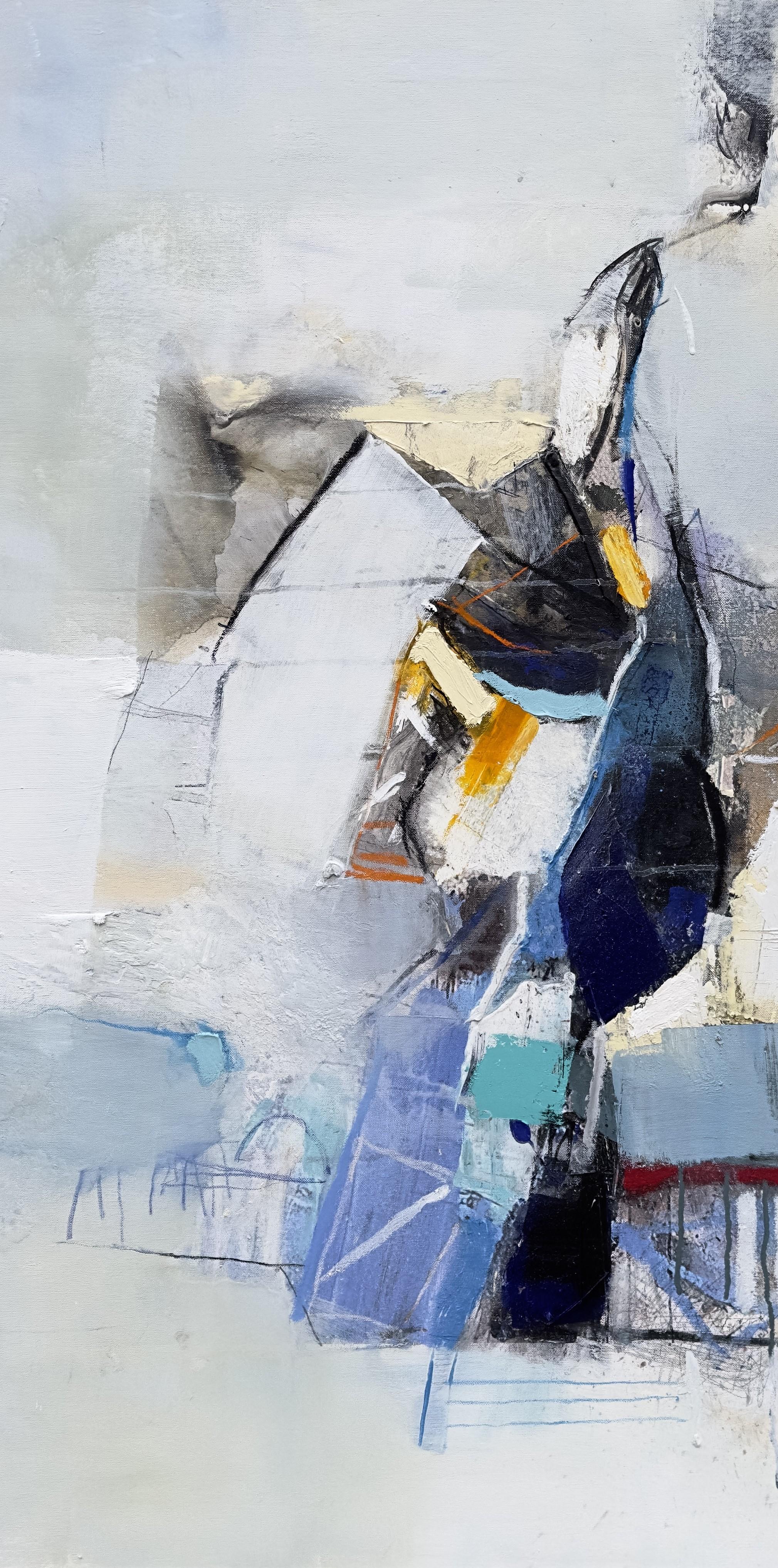 Die Farm –  Große abstrakte Ölgemälde Blau Schwarz Weiß Grau Gelb (Abstrakt), Painting, von Plamen Bonev