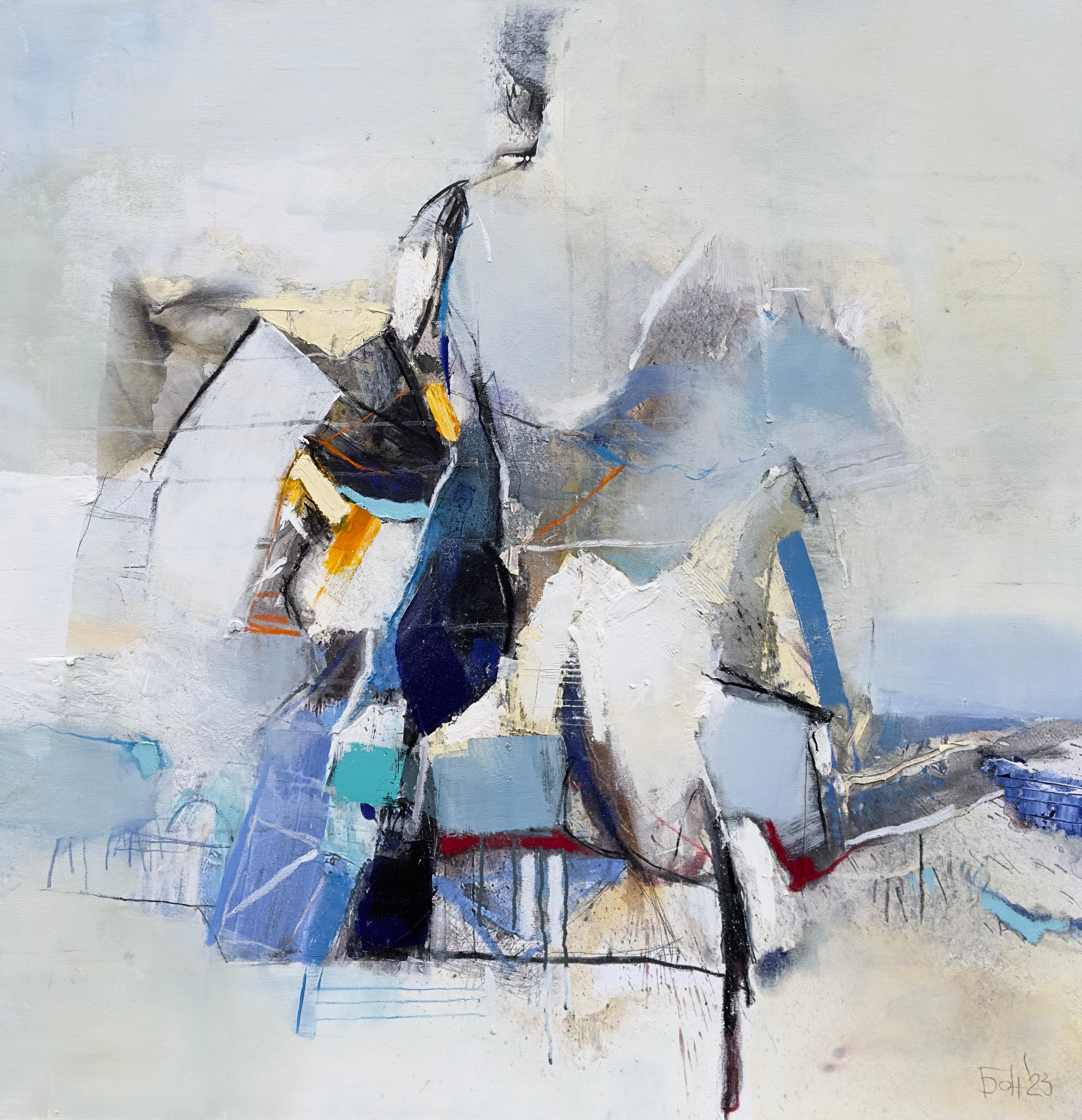 Plamen Bonev Abstract Painting – Die Farm –  Große abstrakte Ölgemälde Blau Schwarz Weiß Grau Gelb