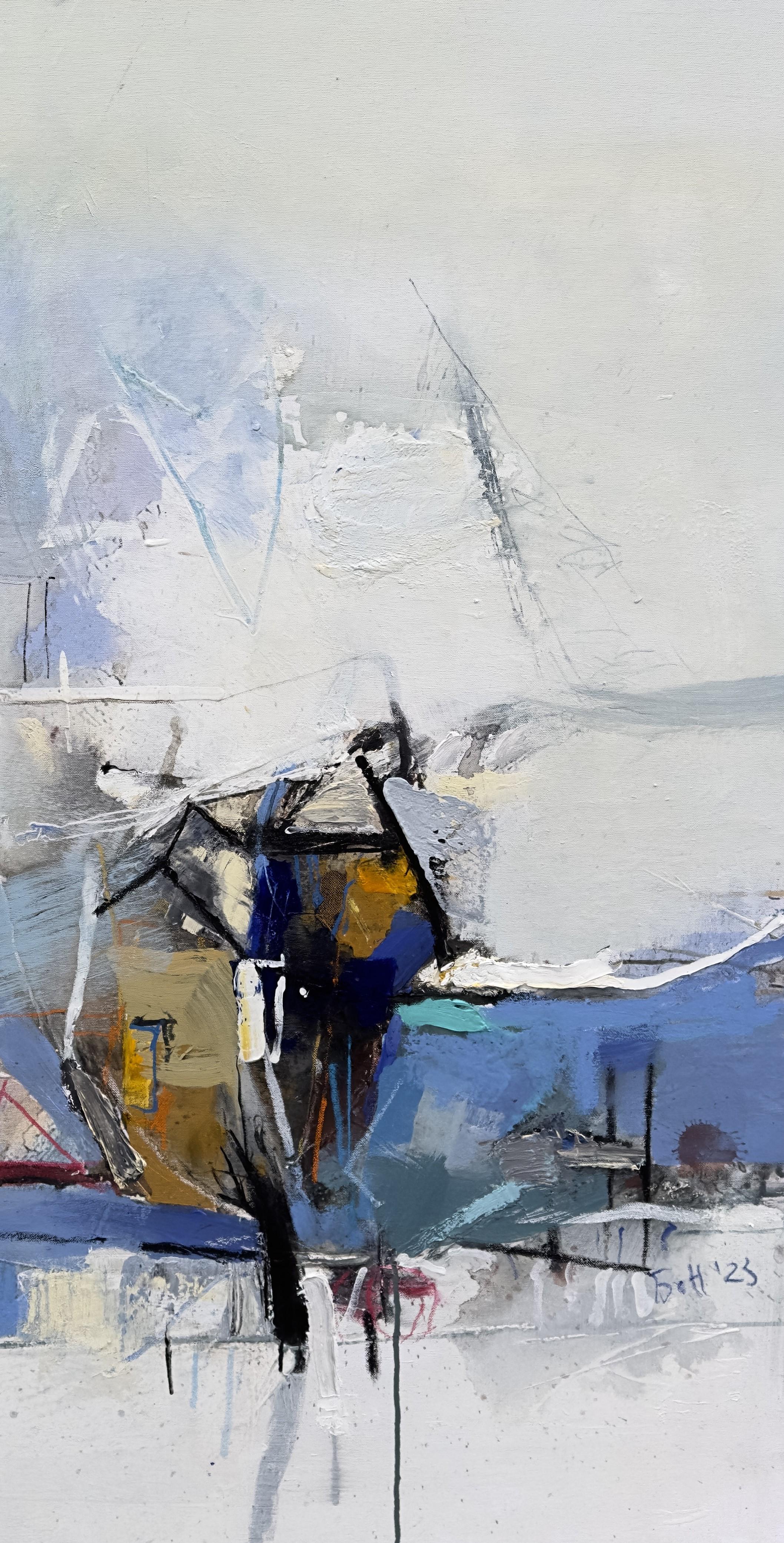 La nave -  Grande pittura a olio astratta Blu Nero Bianco Grigio Giallo - Painting di Plamen Bonev
