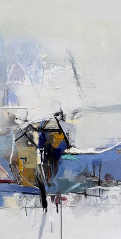 The Ship -  Large Abstract Oil Painting Blue Black White Grey Yellow