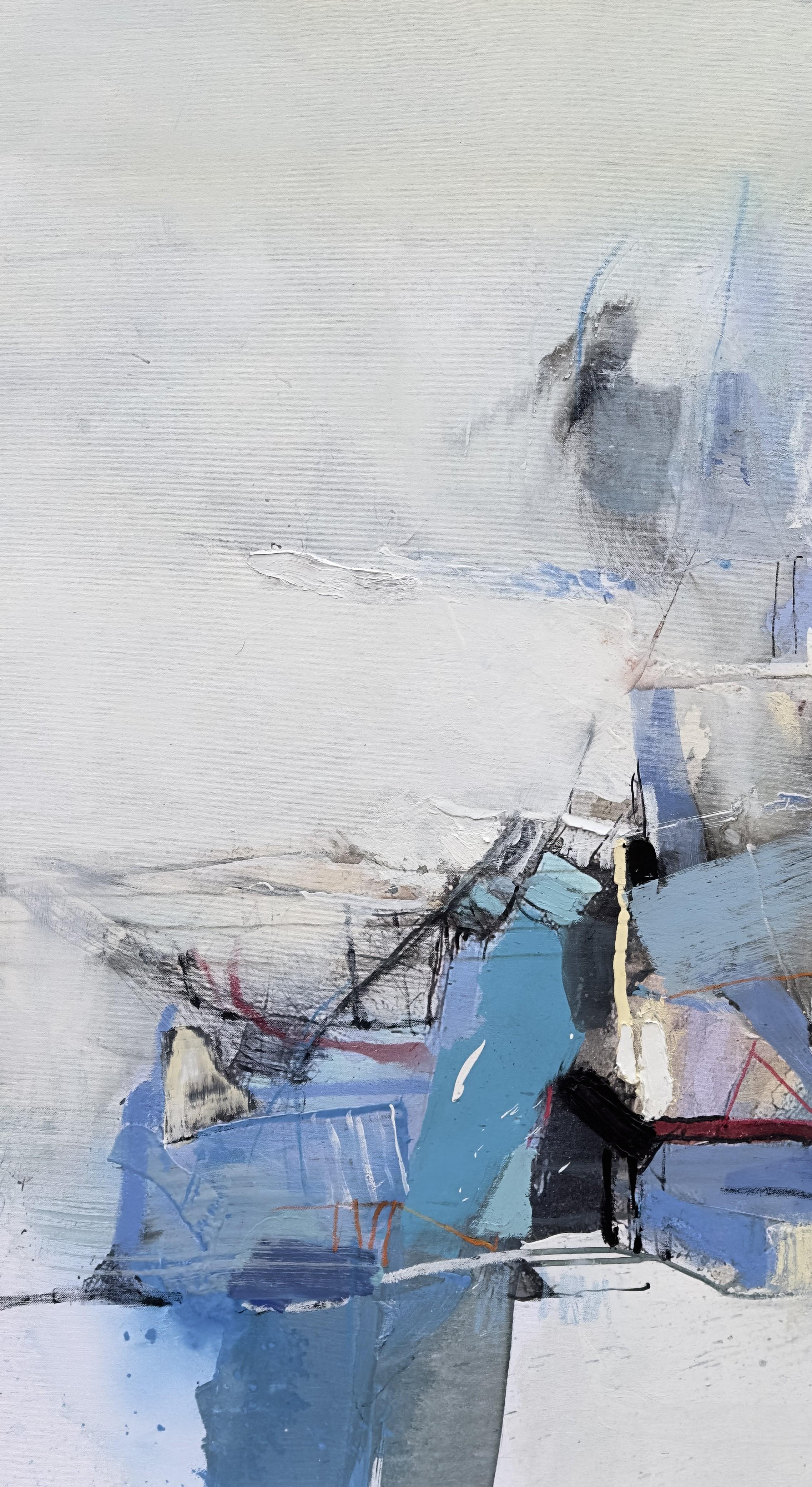 Das Schiff –  Große abstrakte Ölgemälde Blau Schwarz Weiß Grau Gelb (Abstrakt), Painting, von Plamen Bonev