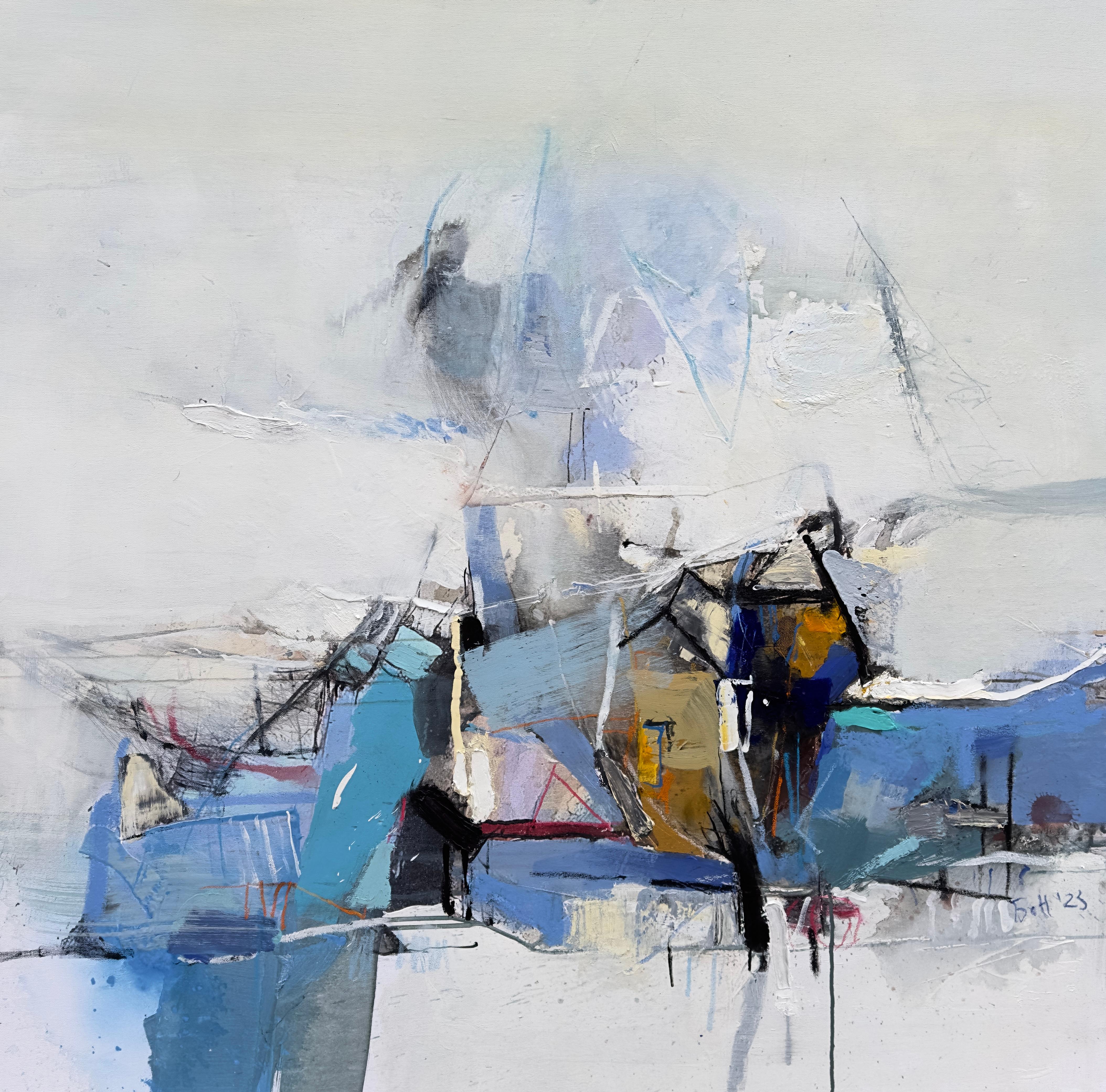 Plamen Bonev Abstract Painting – Das Schiff –  Große abstrakte Ölgemälde Blau Schwarz Weiß Grau Gelb