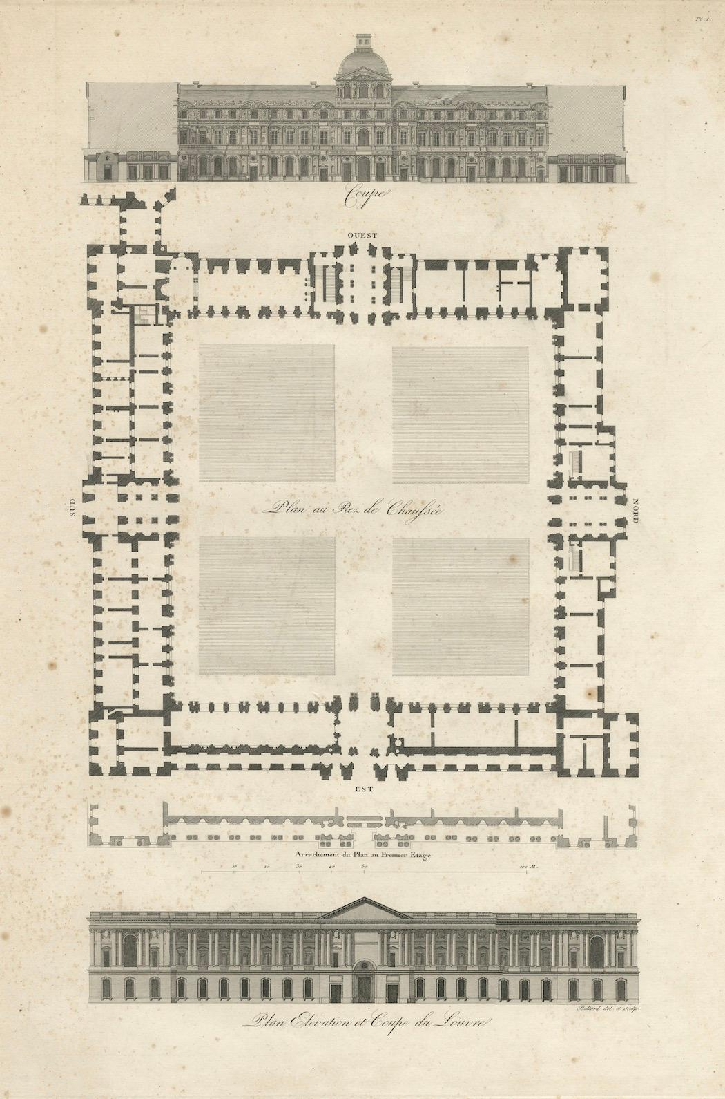Plan, Elevation et Coupe du Louvre - Architektonischer Kupferstich von Louis-Pierre Baltard

Ein außergewöhnlicher Architekturstich von Louis-Pierre Baltard (1764-1846) mit dem Titel Plan, Élévation et Coupe du Louvre, veröffentlicht in Paris um