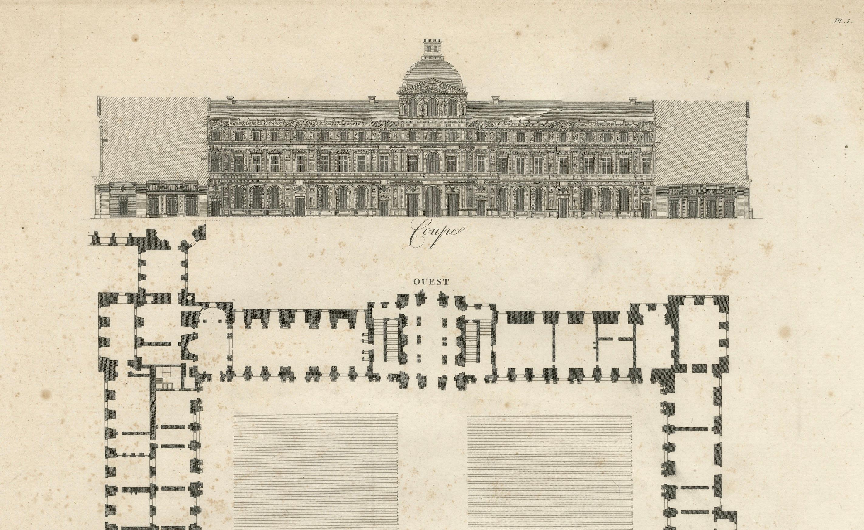 Plan, Elevation et Coupe du Louvre - Architekturstich von Baltard, um 1799 (Französisch) im Angebot