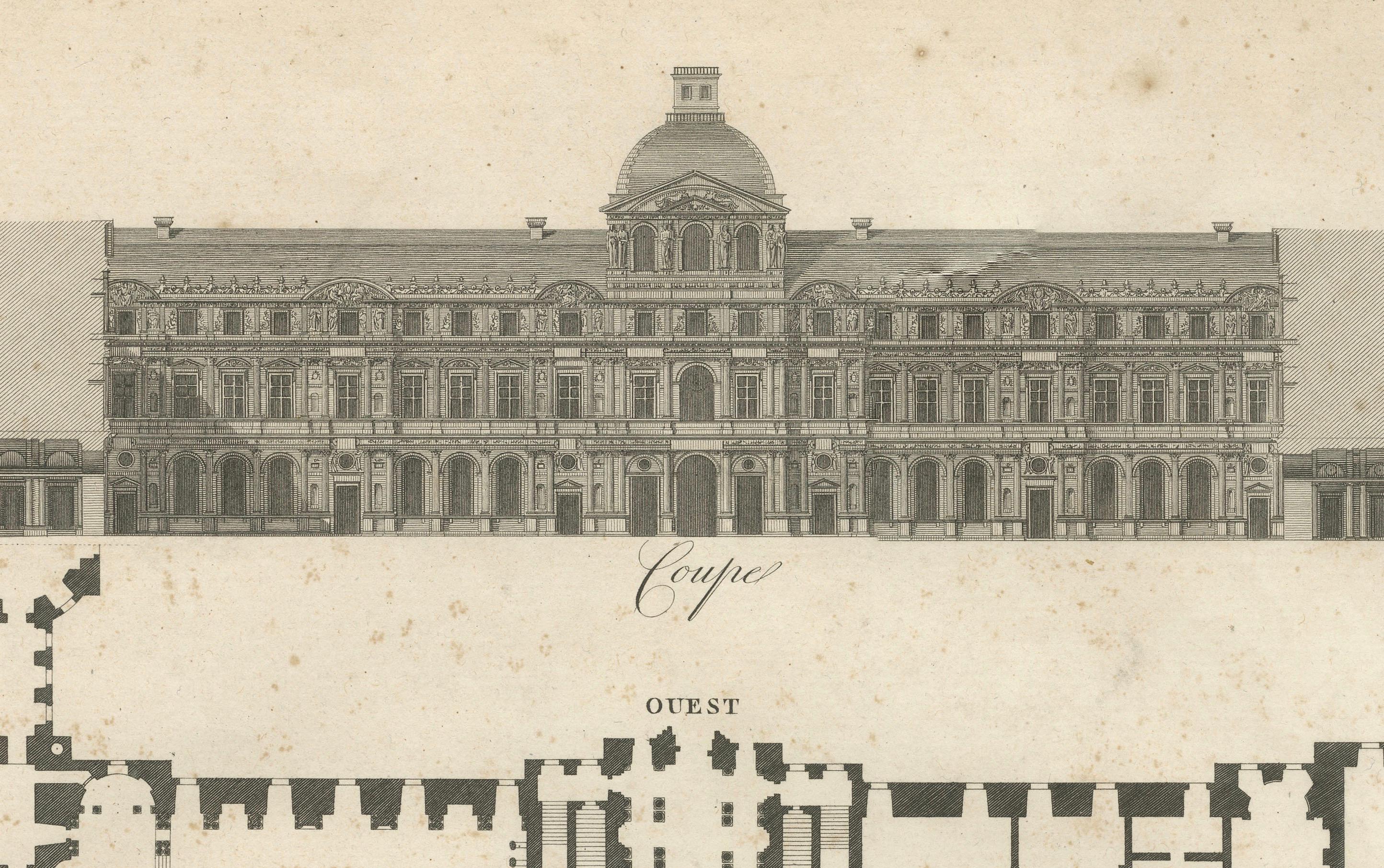 Plan, Elevation et Coupe du Louvre - Architekturstich von Baltard, um 1799 (Graviert) im Angebot