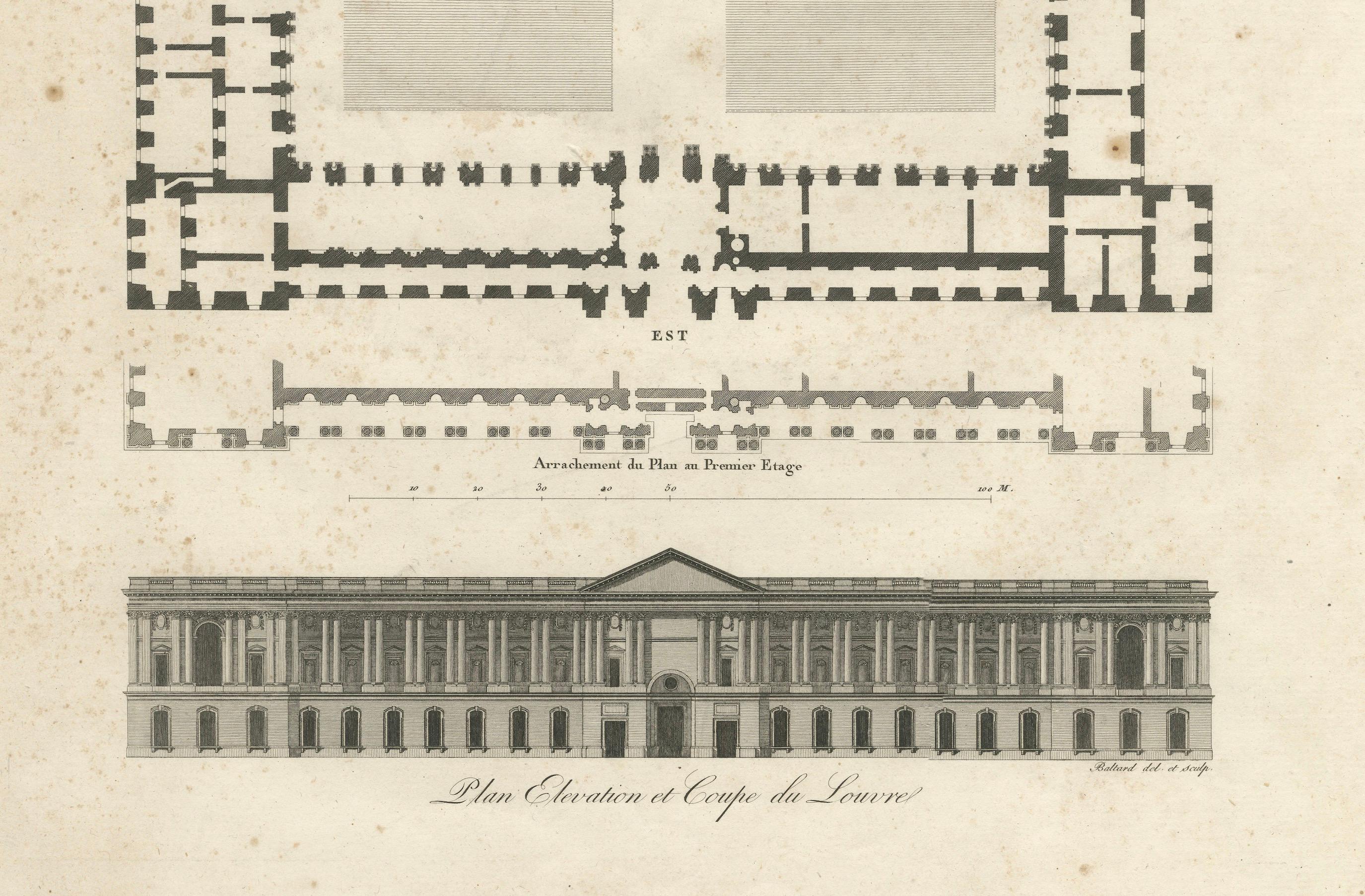 Plan, Elevation et Coupe du Louvre - Architekturstich von Baltard, um 1799 im Zustand „Relativ gut“ im Angebot in Langweer, NL