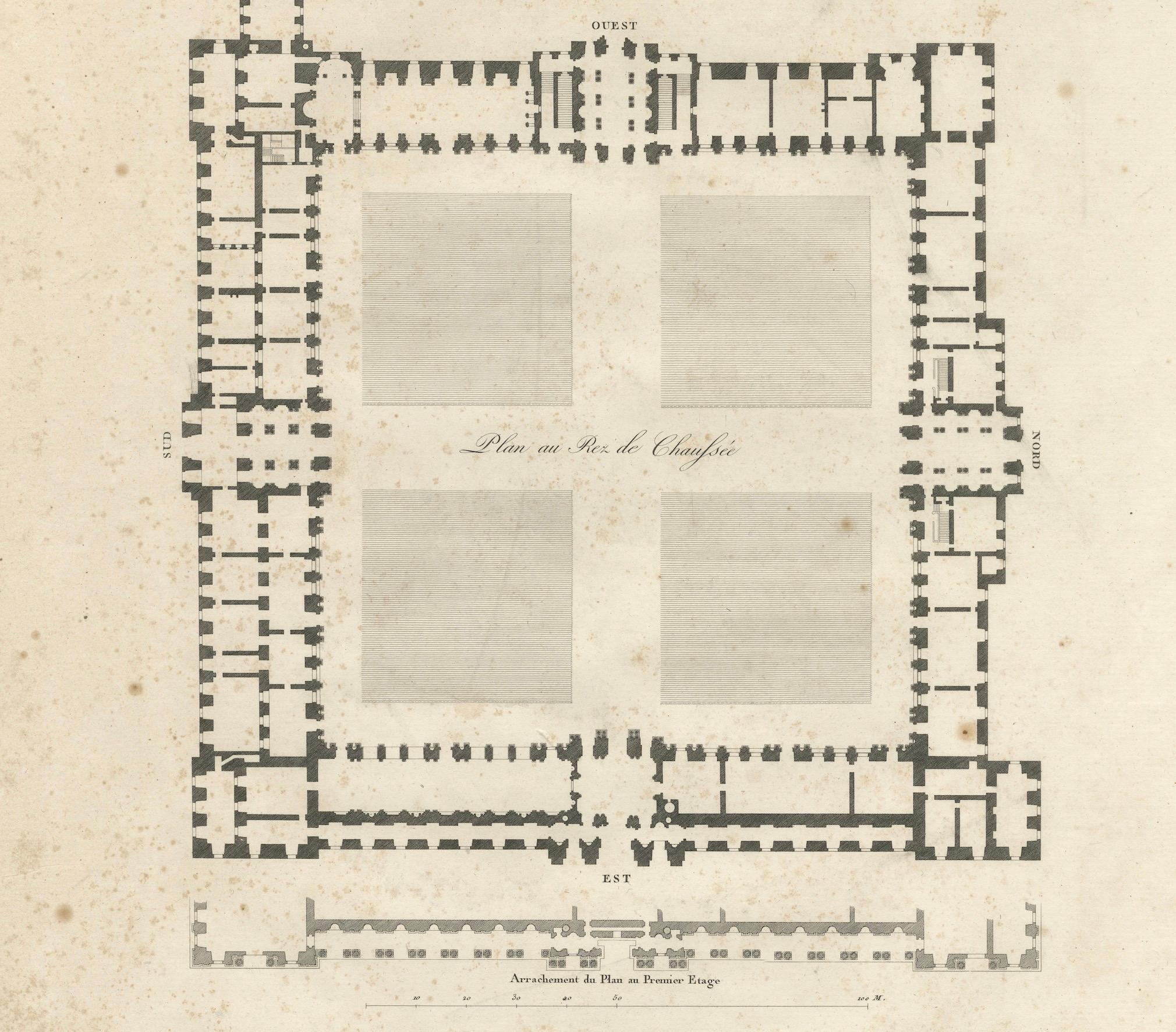 Plan, Elevation et Coupe du Louvre - Architekturstich von Baltard, um 1799 (Spätes 18. Jahrhundert) im Angebot