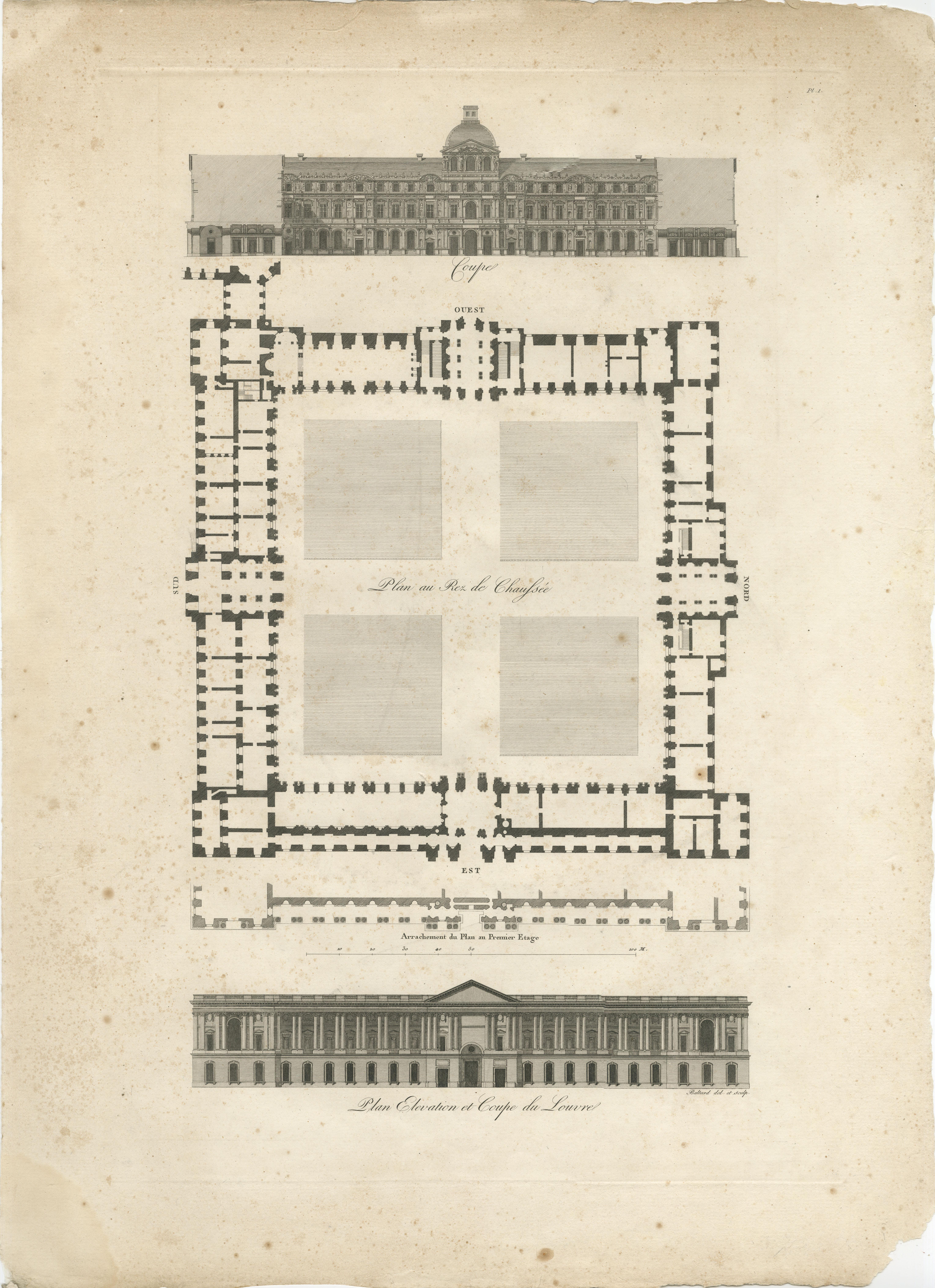 Plan, Elevation et Coupe du Louvre - Architekturstich von Baltard, um 1799 im Angebot 2