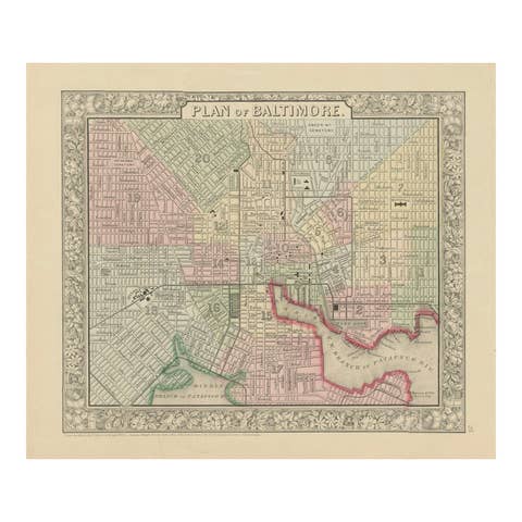 Plan of Baltimore City Map, USA c.1870 – Hand-Colored Street Plan