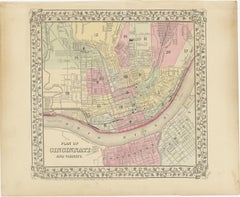 Plan of Cincinnati Map, USA c.1870 – Hand-Colored Street Plan with Wards