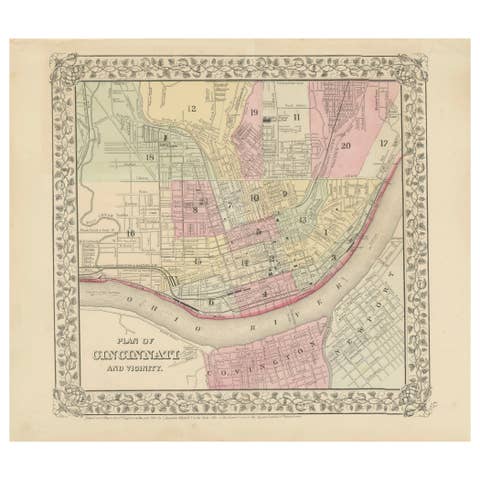 Plan of Cincinnati Map, USA c.1870 – Hand-Colored Street Plan with Wards